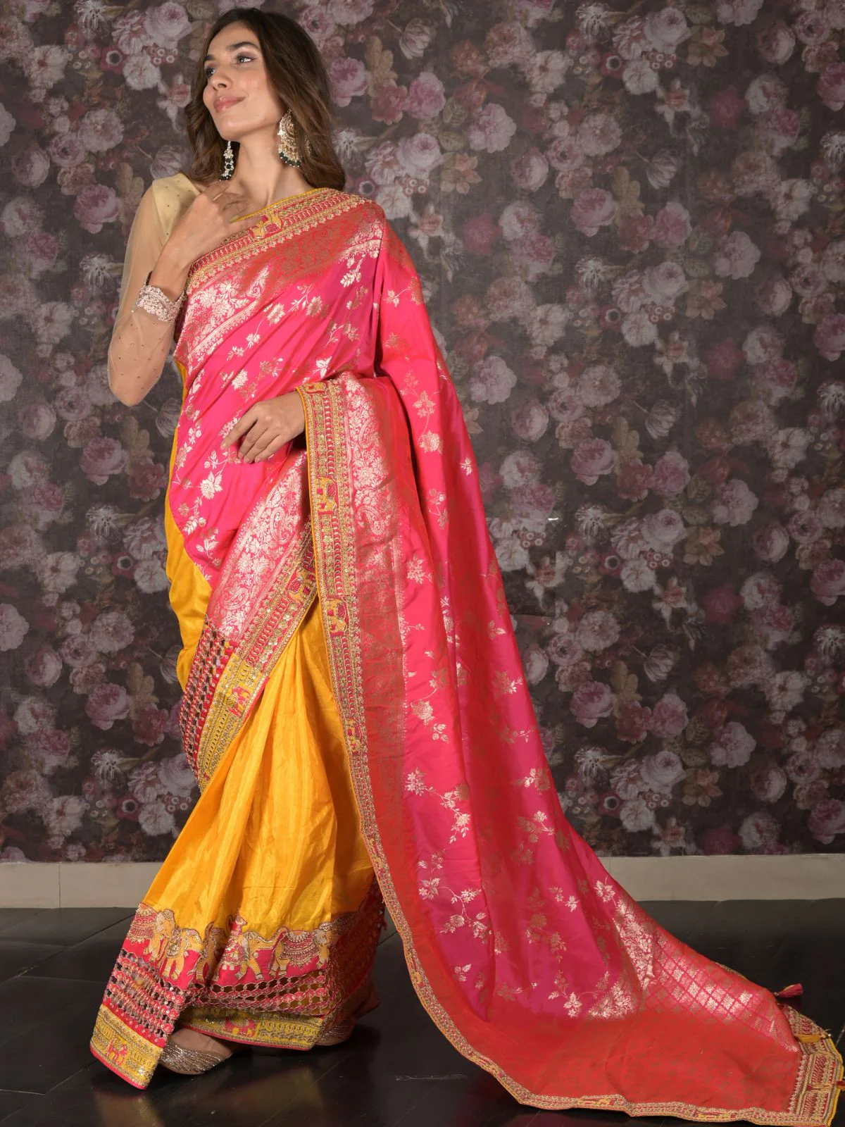 Odette Pink Silk Blend Embroidered Woven Saree with Unstitched Blouse for Women - Image 2