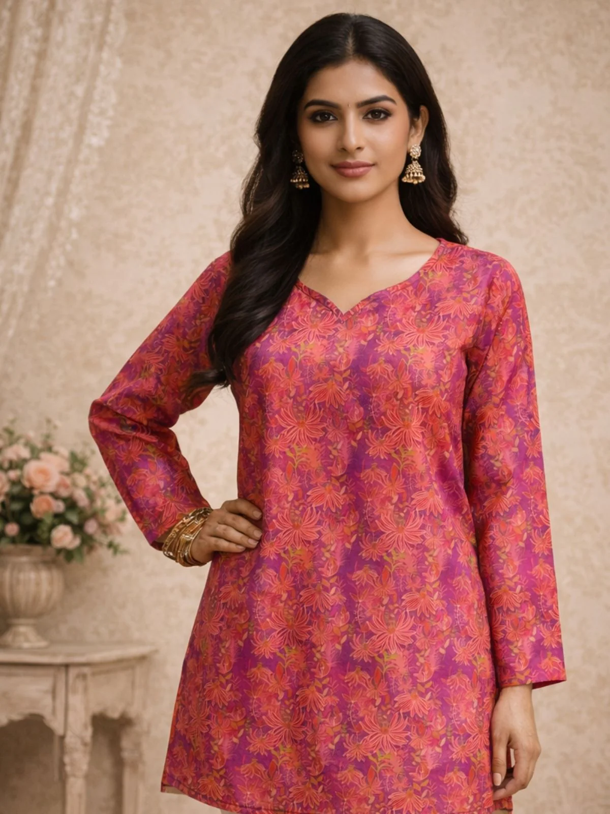 Odette Pink Silk Blend Floral Print Solid Kurti For Women - Image 4