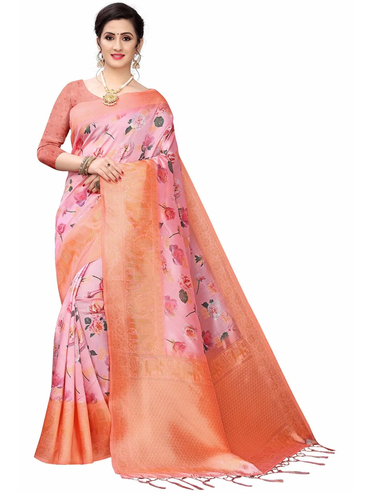 Odette Pink Silk Blend Floral Printed Saree For Women