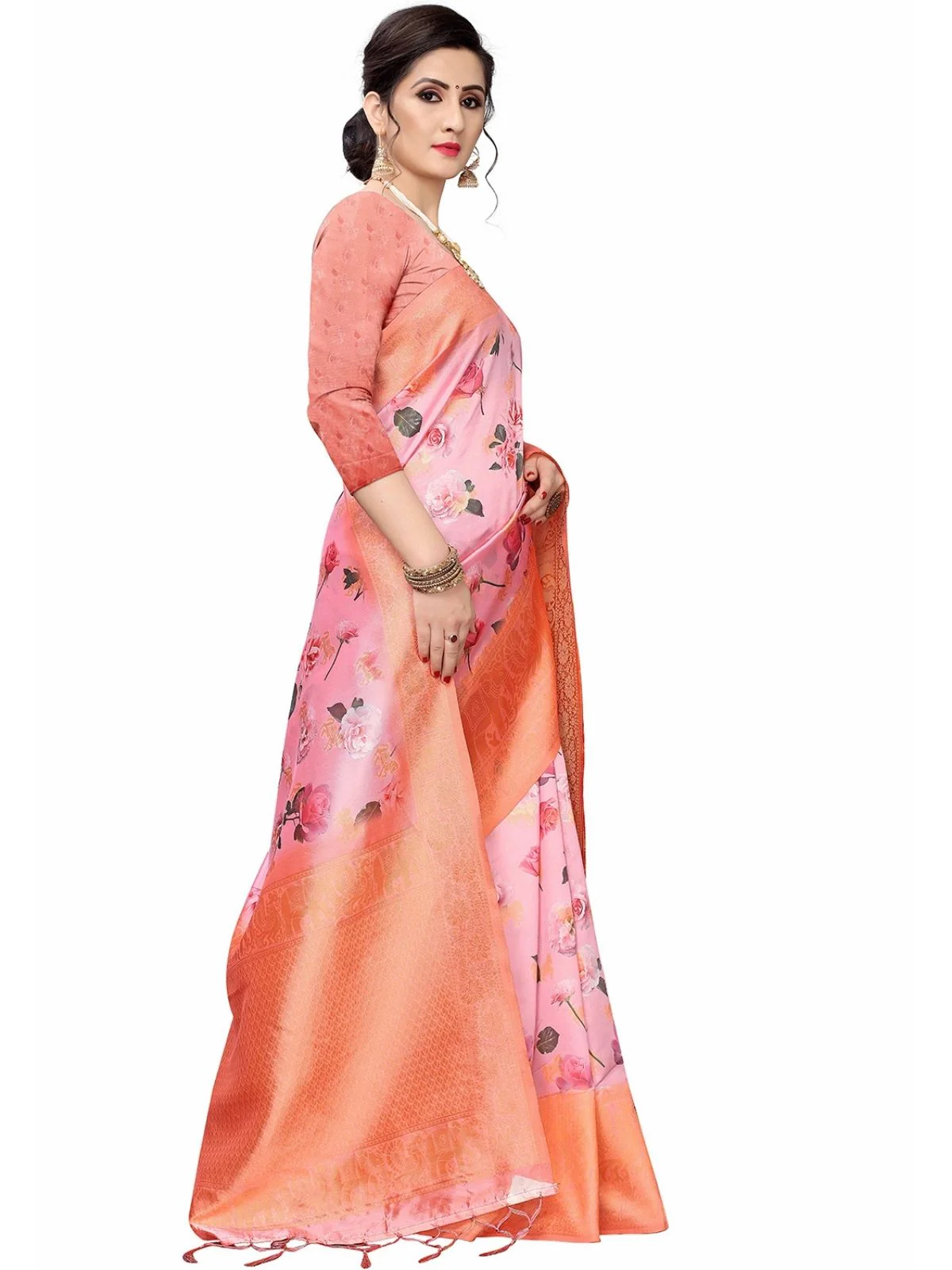 Odette Pink Silk Blend Floral Printed Saree For Women - Image 2