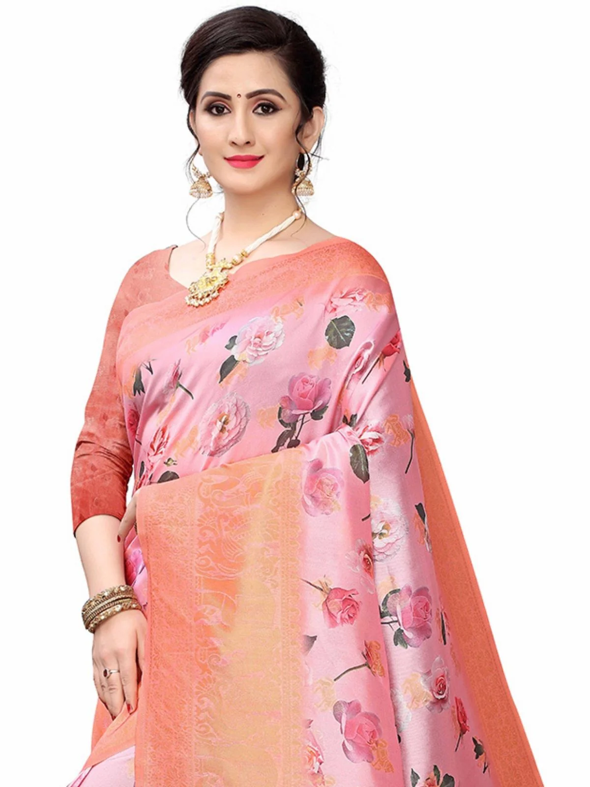 Odette Pink Silk Blend Floral Printed Saree For Women - Image 4