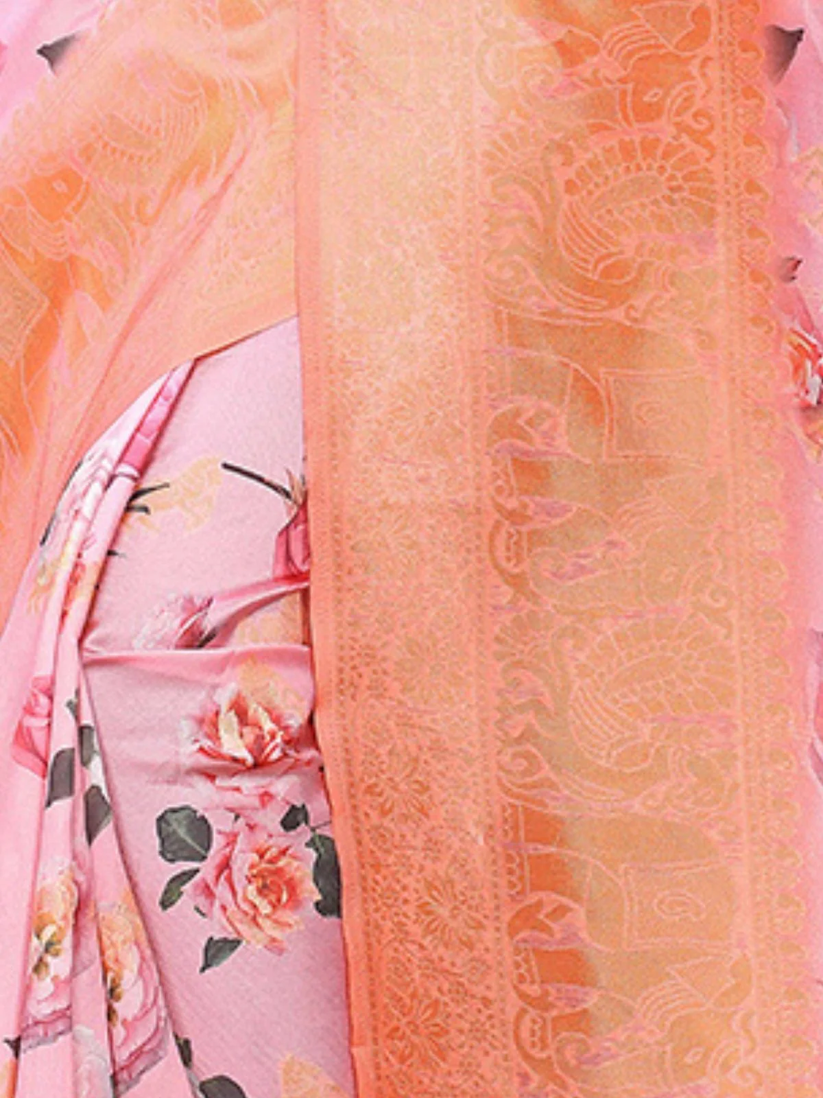 Odette Pink Silk Blend Floral Printed Saree For Women - Image 5