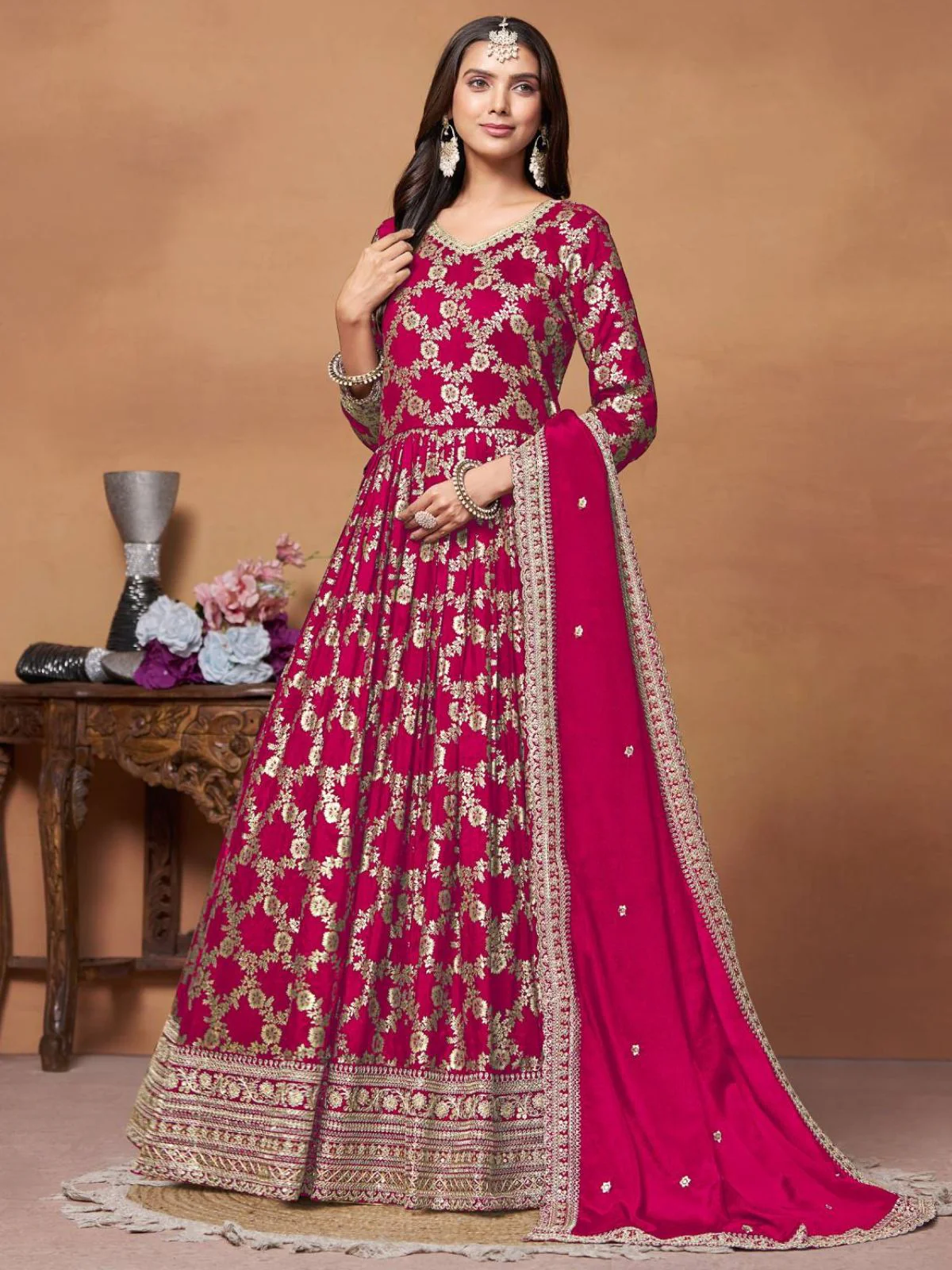 Odette Pink Silk Blend Foil Print Gown For Women