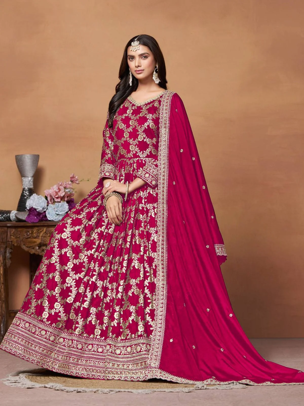 Odette Pink Silk Blend Foil Print Gown For Women - Image 2
