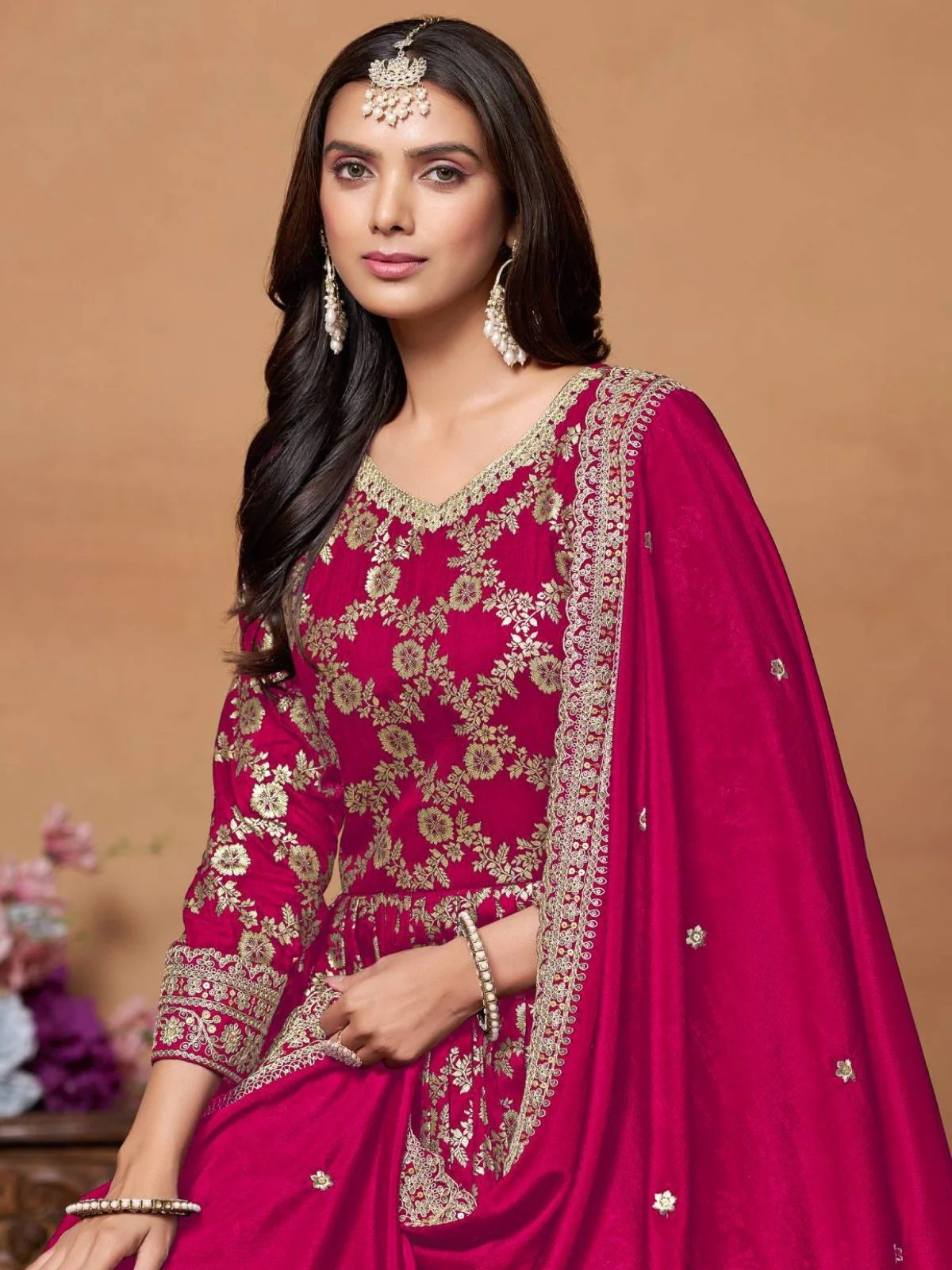Odette Pink Silk Blend Foil Print Gown For Women - Image 4