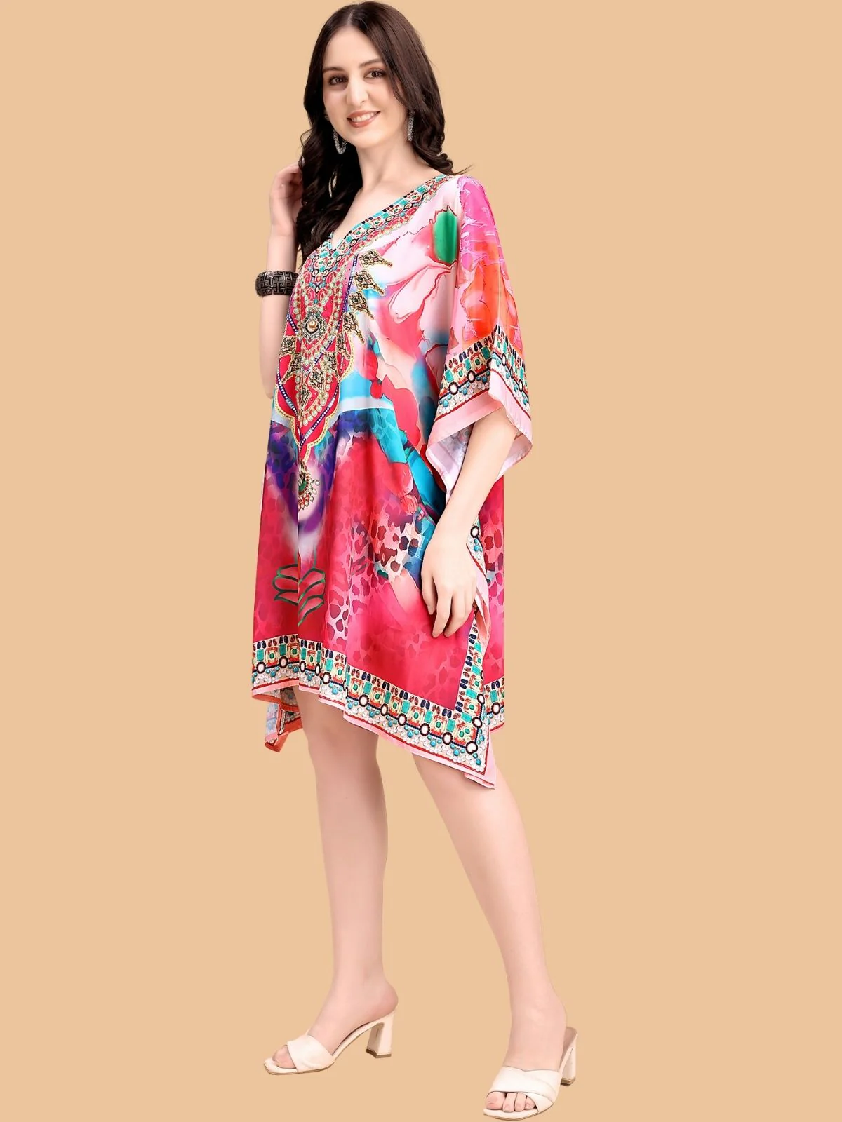 Odette Pink Silk Blend Printed Kaftan For Women - Image 2