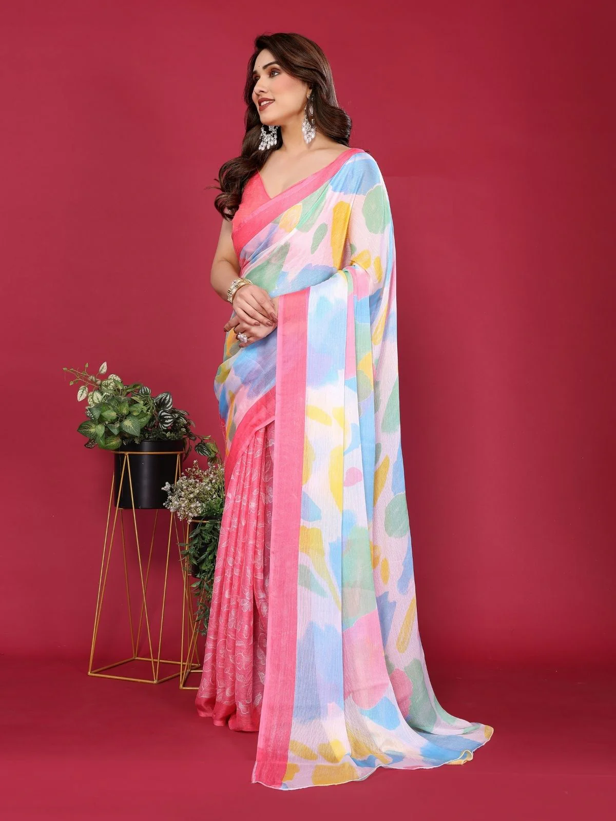 Odette Pink Silk Blend Printed Saree For Women - Image 2