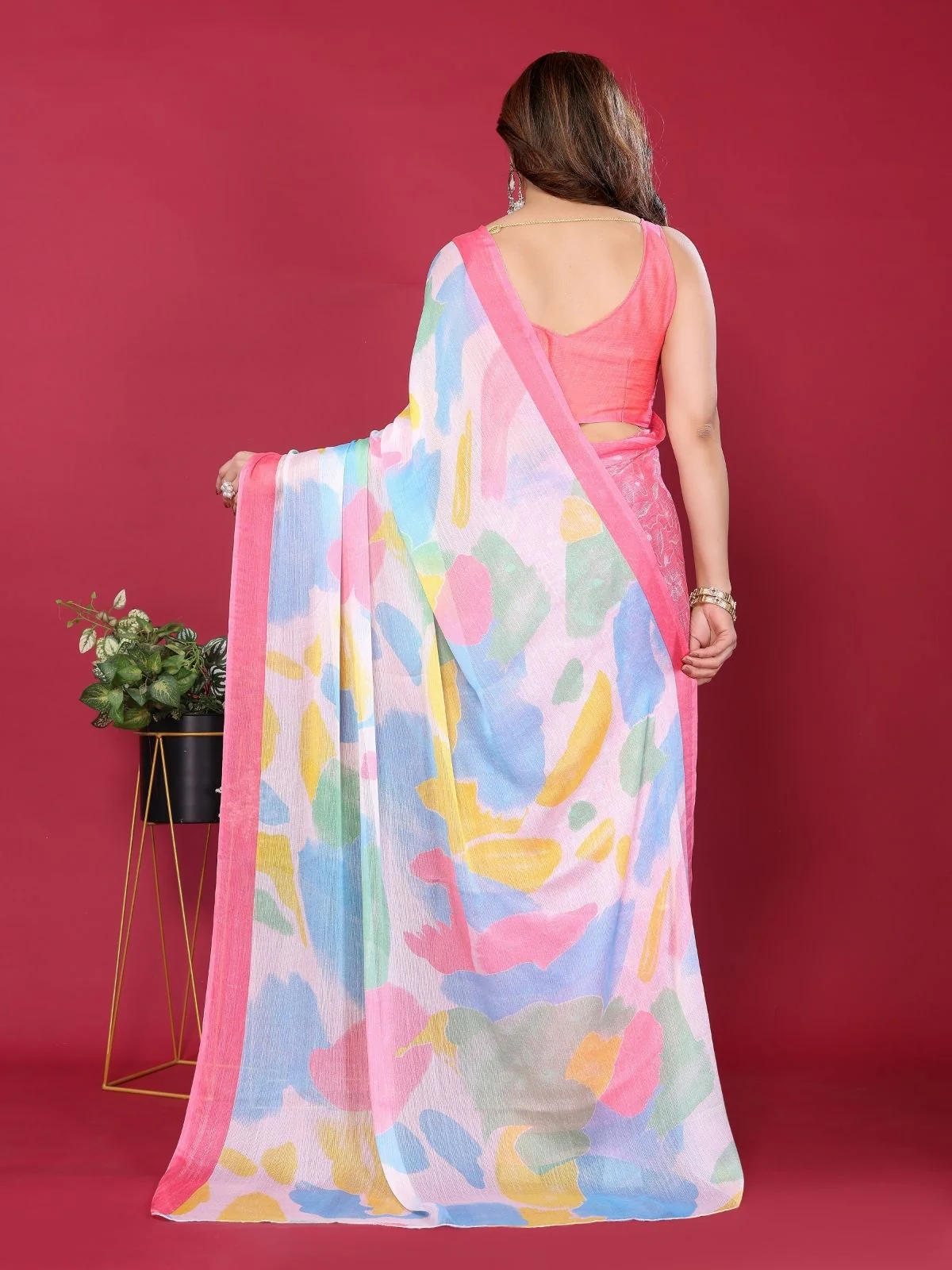 Odette Pink Silk Blend Printed Saree For Women - Image 3