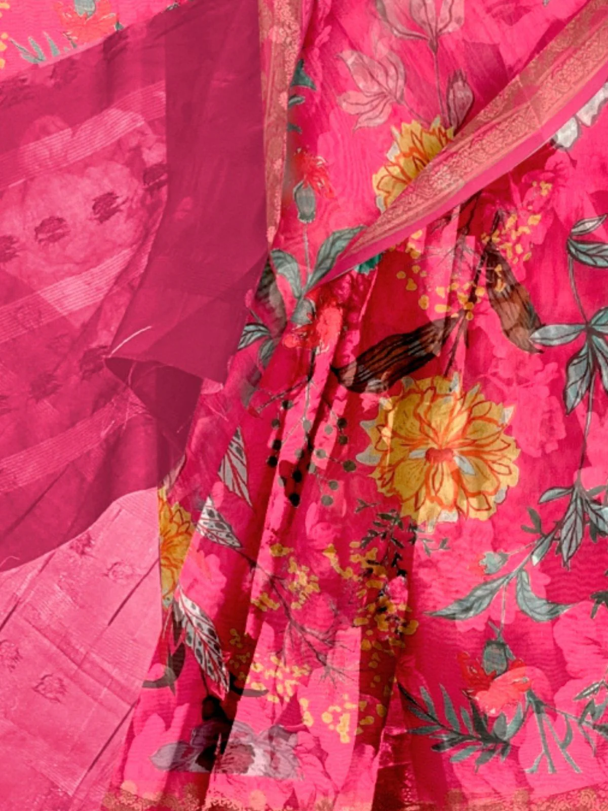 Odette Pink Silk Blend Printed Saree With Unstitched Blouse For Women - Image 3