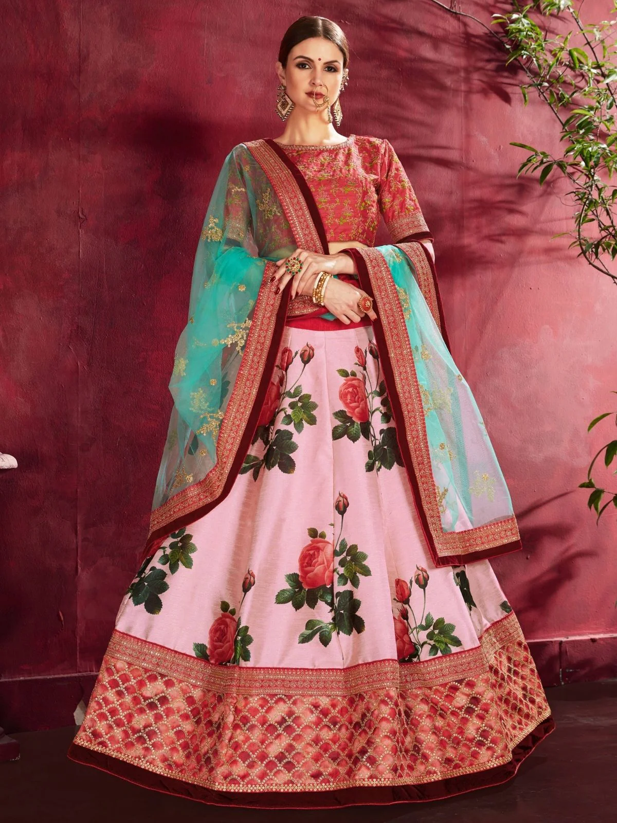 Odette Pink Silk Blend Printed Semi Stitched Lehenga With Blouse For Women - Image 2