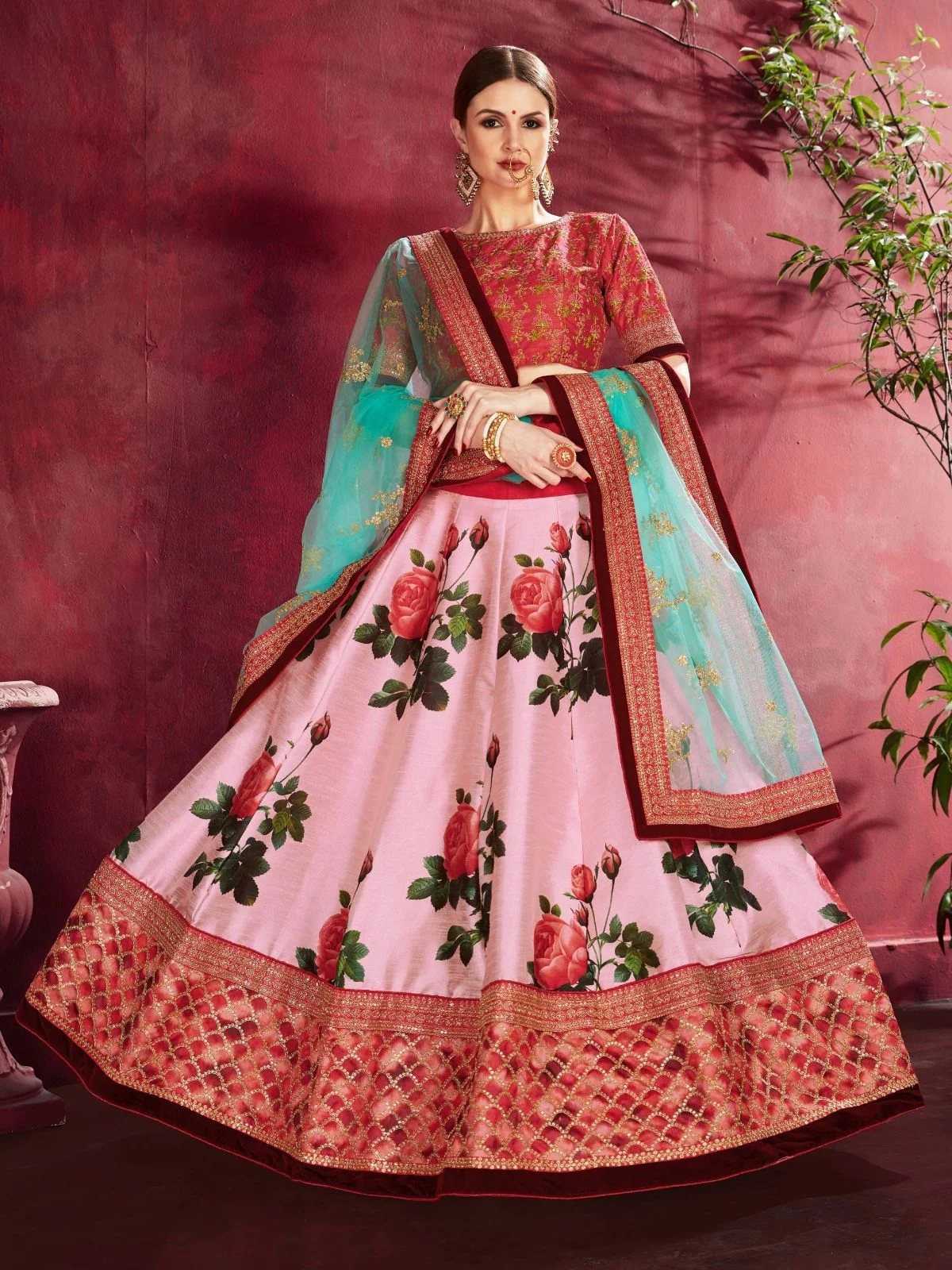 Odette Pink Silk Blend Printed Semi Stitched Lehenga With Blouse For Women - Image 3