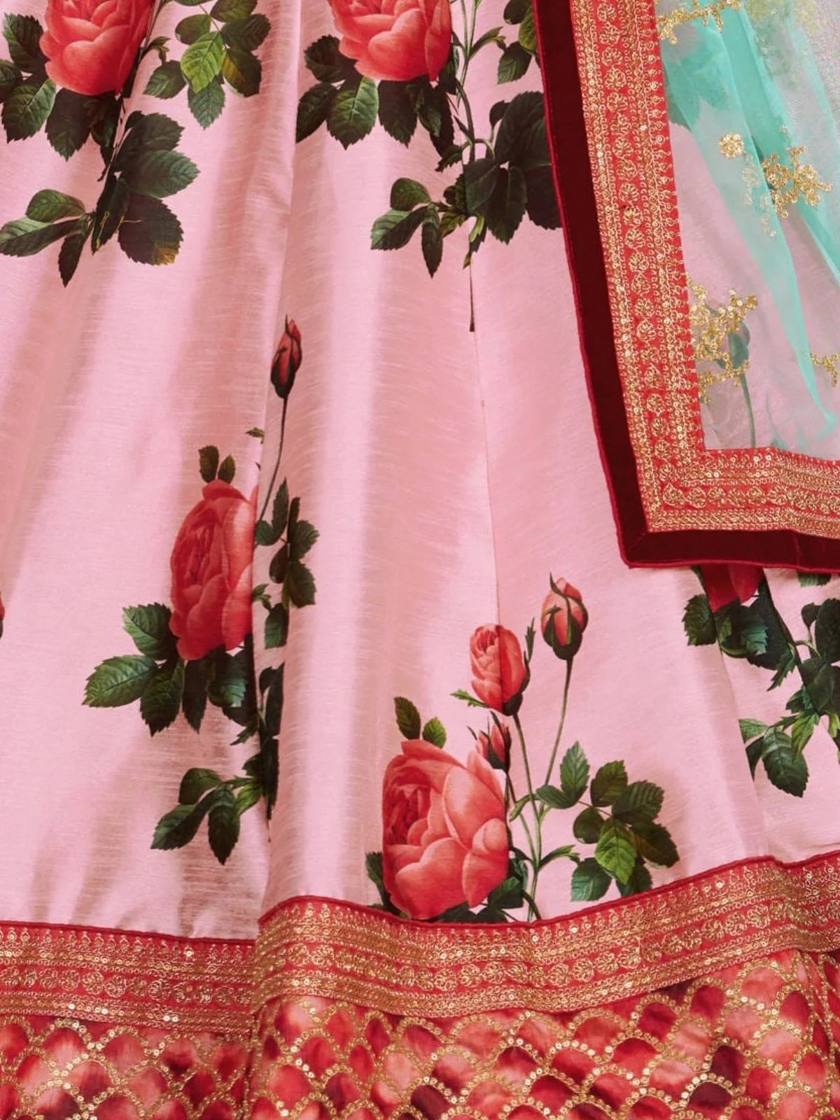 Odette Pink Silk Blend Printed Semi Stitched Lehenga With Blouse For Women - Image 5