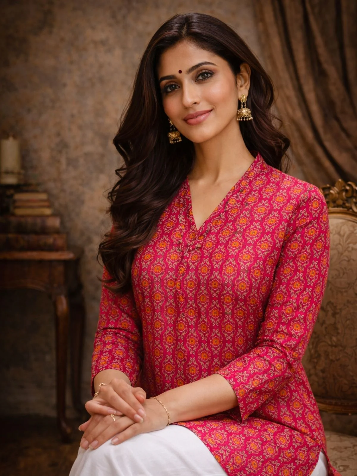 Odette Pink Silk Blend Printed Solid Kurti For Women - Image 2