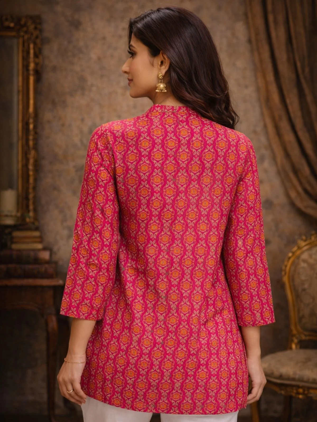 Odette Pink Silk Blend Printed Solid Kurti For Women - Image 3