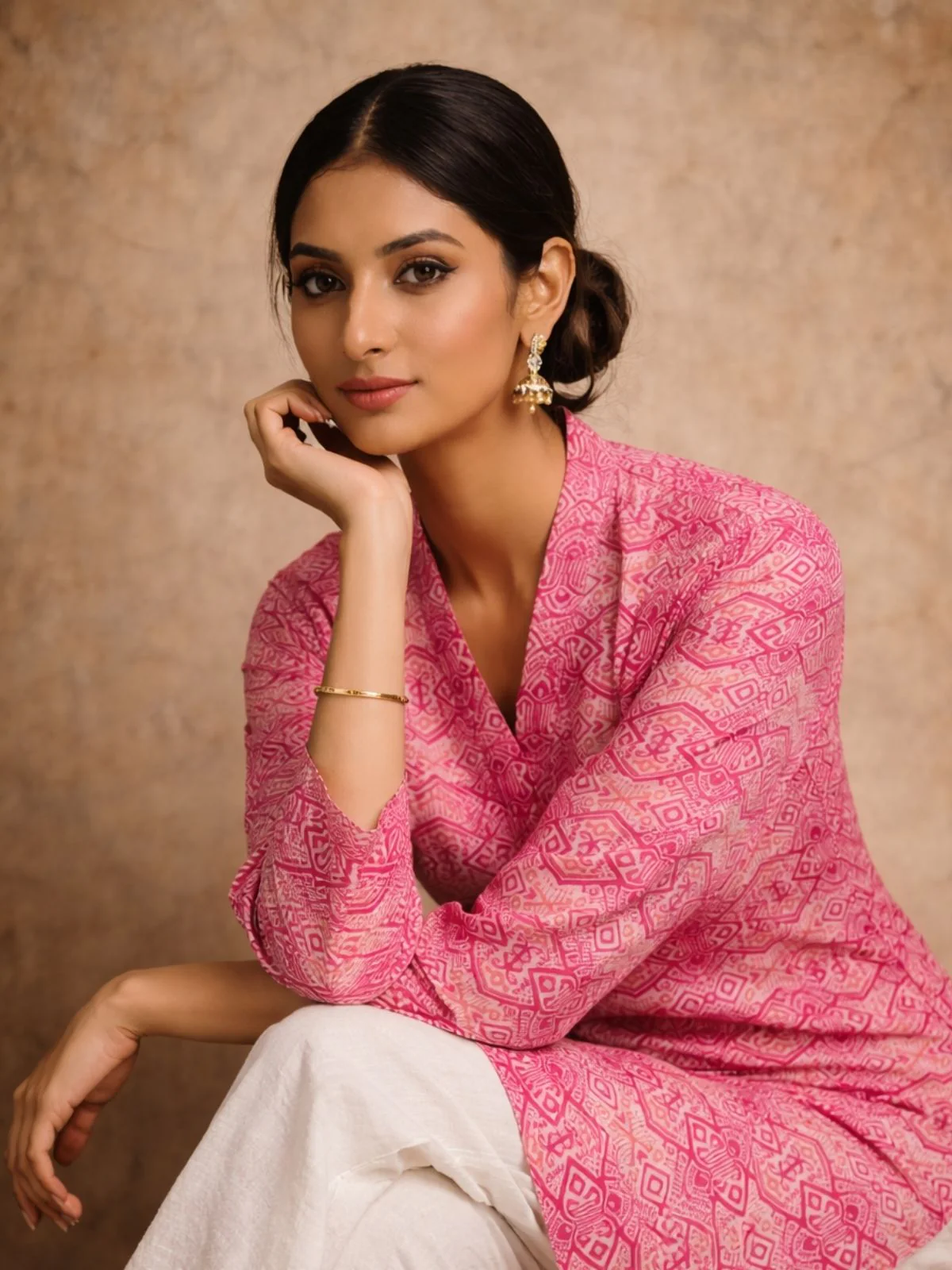 Odette Pink Silk Blend Printed Solid Kurti For Women - Image 2