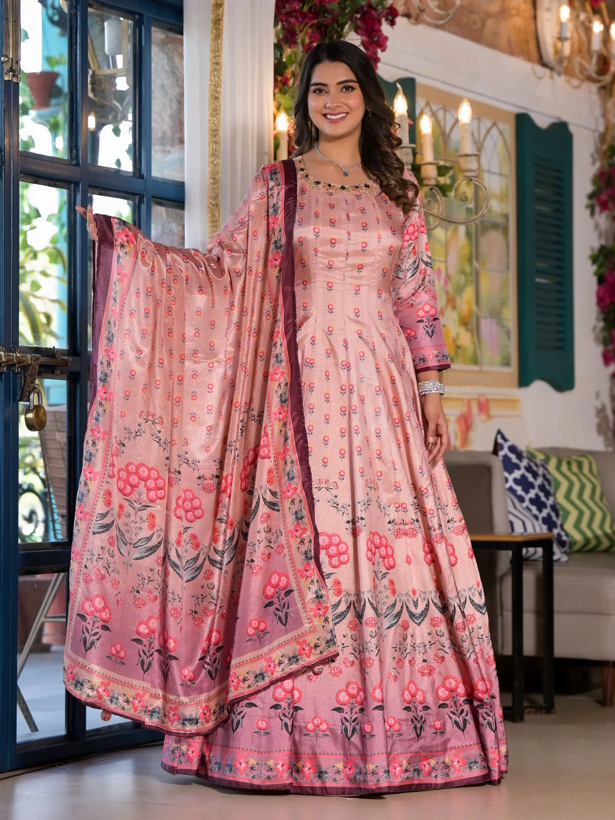 Odette Pink Silk Blend Printed Stitched Gown For Women