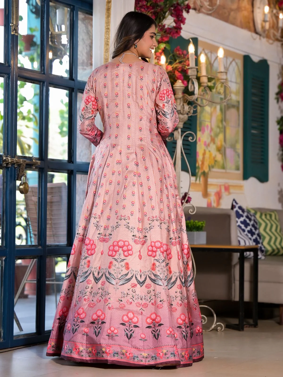 Odette Pink Silk Blend Printed Stitched Gown For Women - Image 4