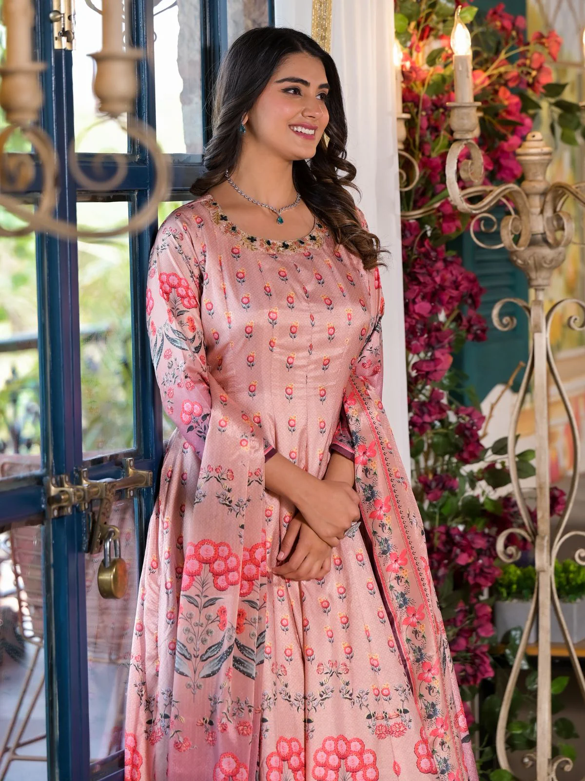 Odette Pink Silk Blend Printed Stitched Gown For Women - Image 5