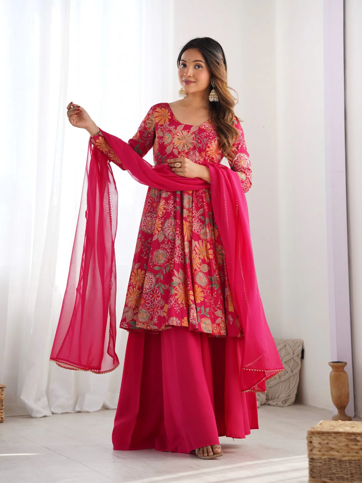 Odette Pink Silk Blend Printed Stitched Kurta Set For Women