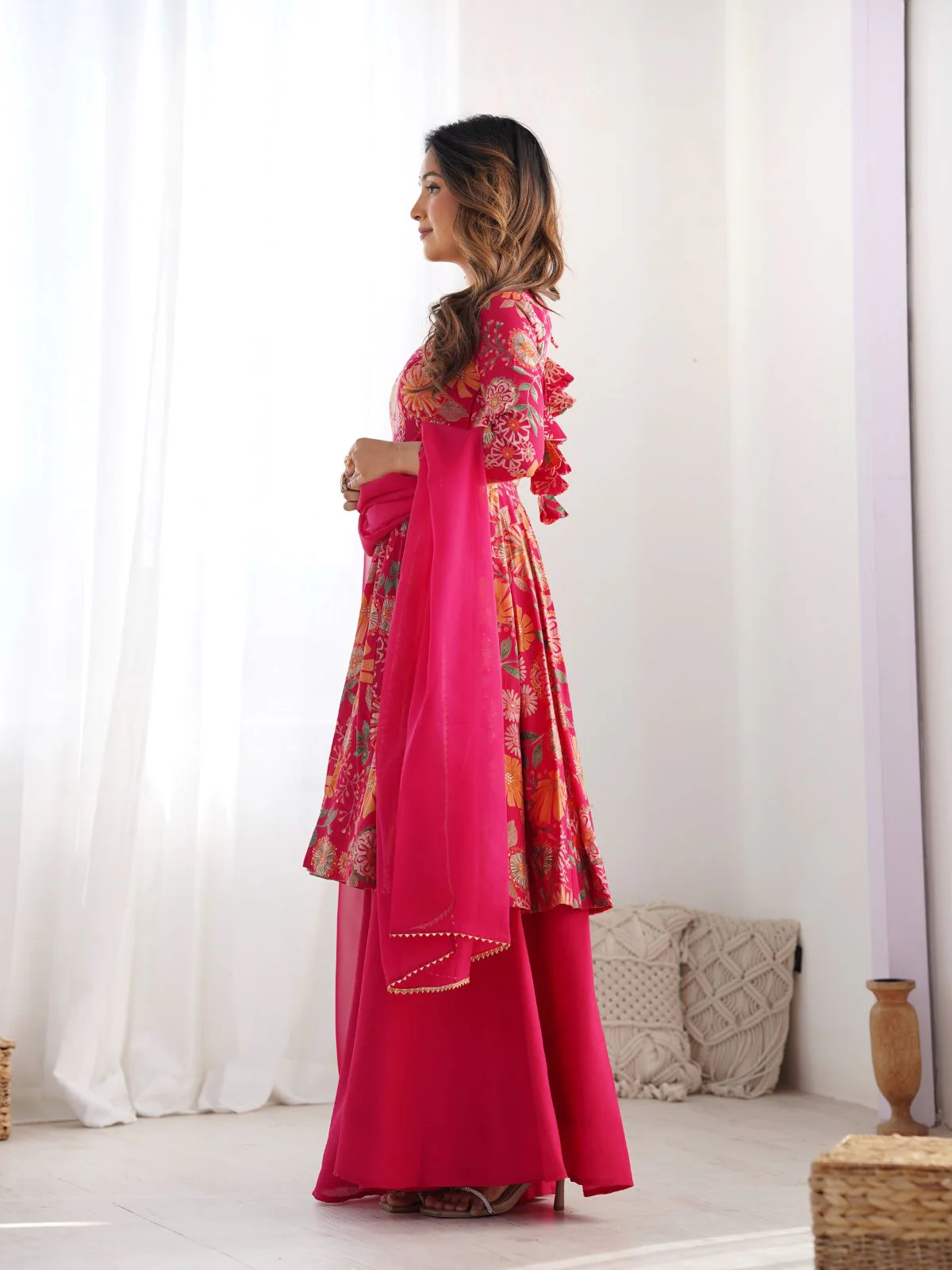 Odette Pink Silk Blend Printed Stitched Kurta Set For Women - Image 3