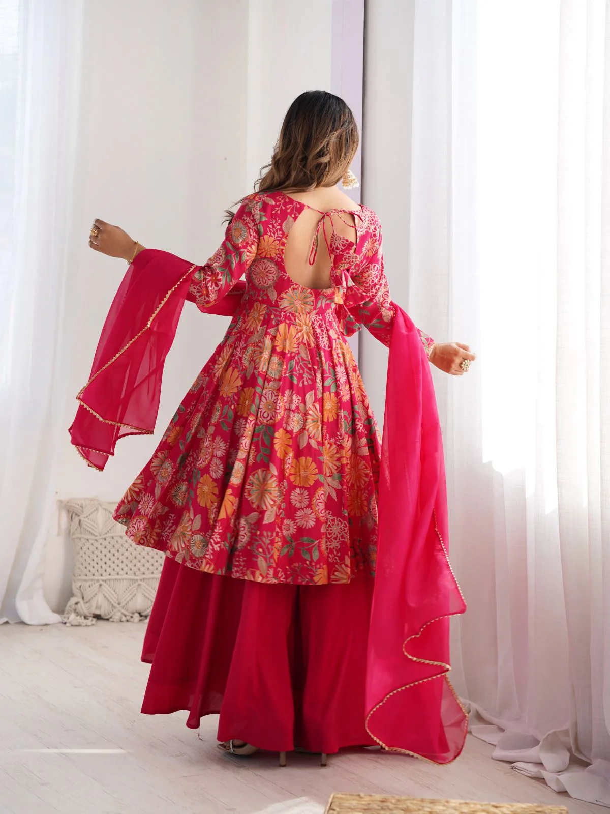 Odette Pink Silk Blend Printed Stitched Kurta Set For Women - Image 4