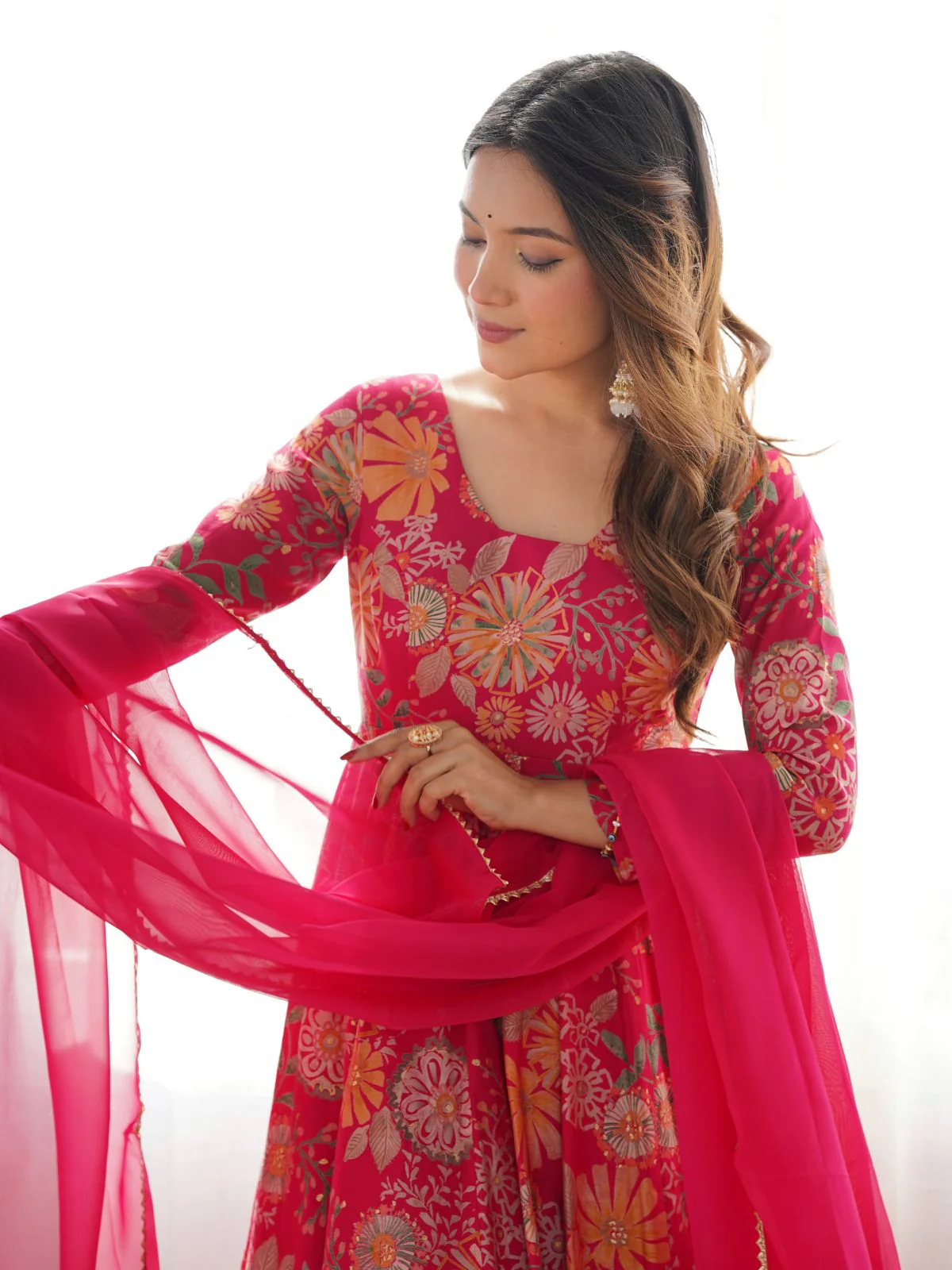 Odette Pink Silk Blend Printed Stitched Kurta Set For Women - Image 5