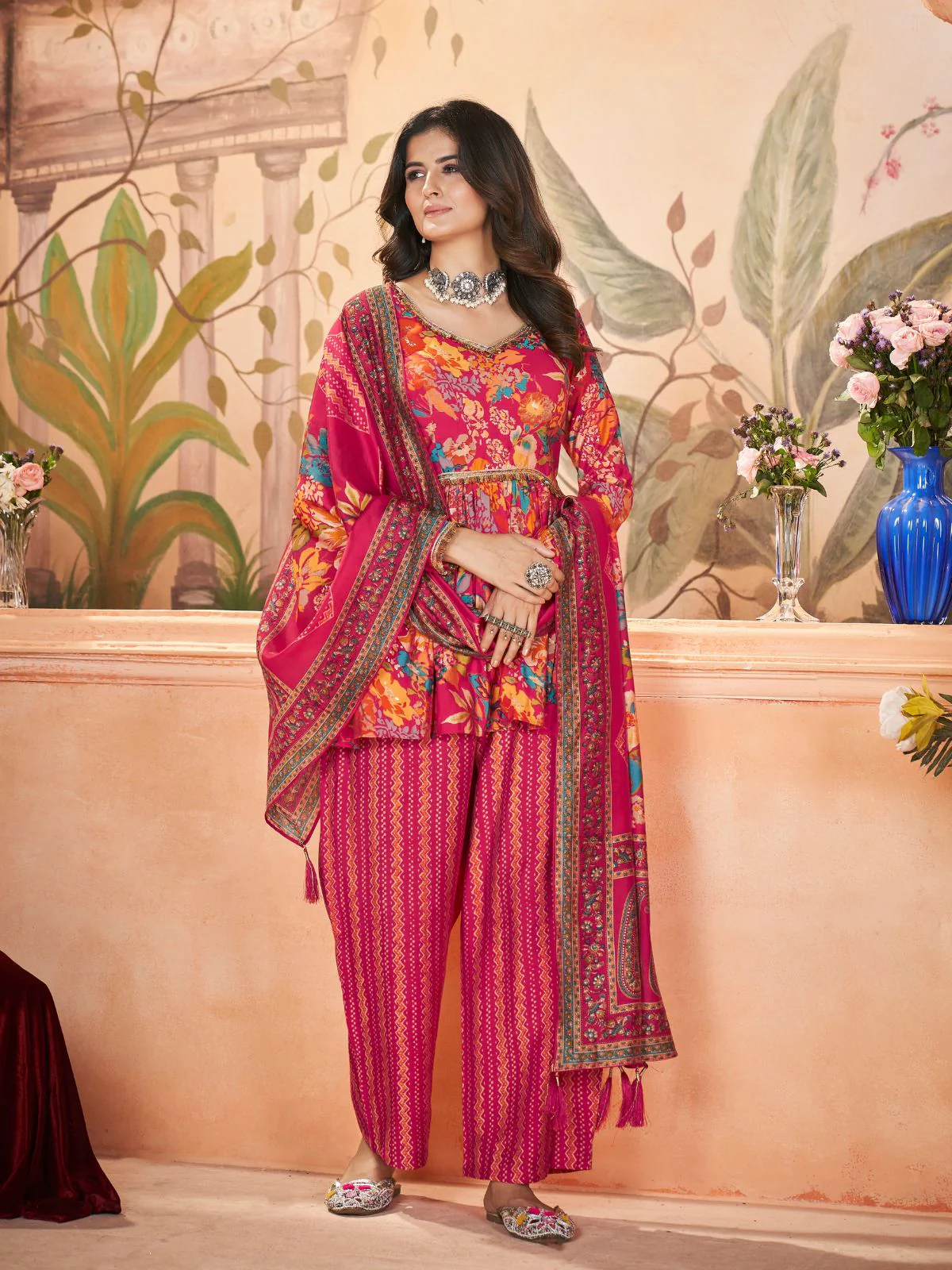 Odette Pink Silk Blend Printed Stitched Kurta Set For Women - Image 2