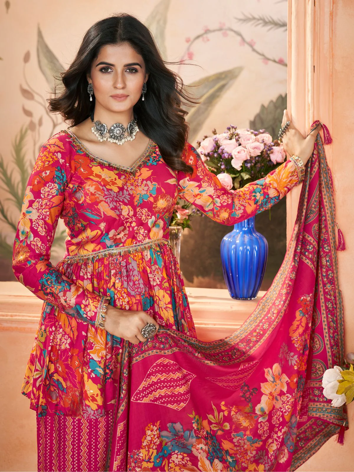 Odette Pink Silk Blend Printed Stitched Kurta Set For Women - Image 4