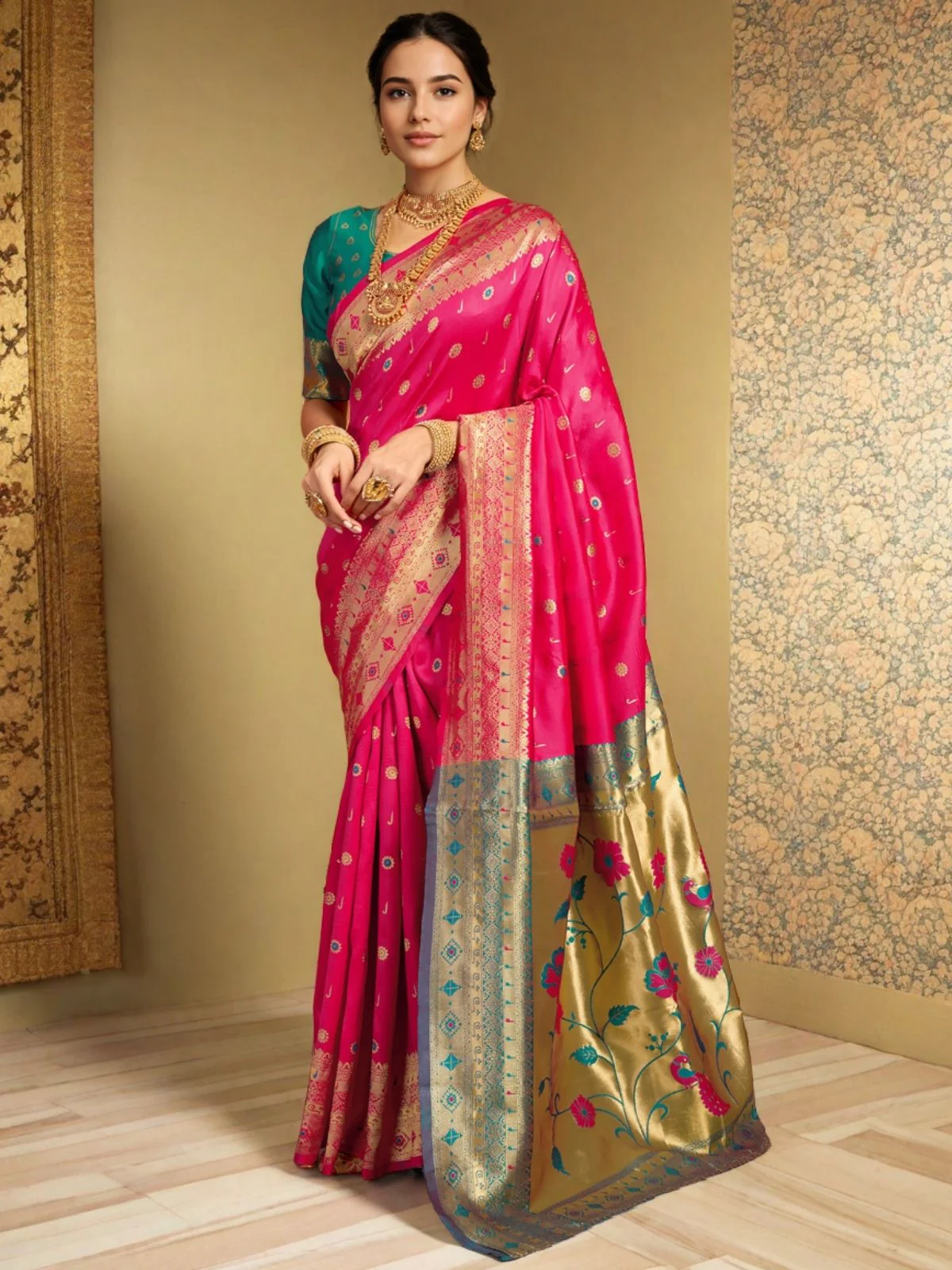 Odette Pink Silk Blend Woven Pithani Saree For Women