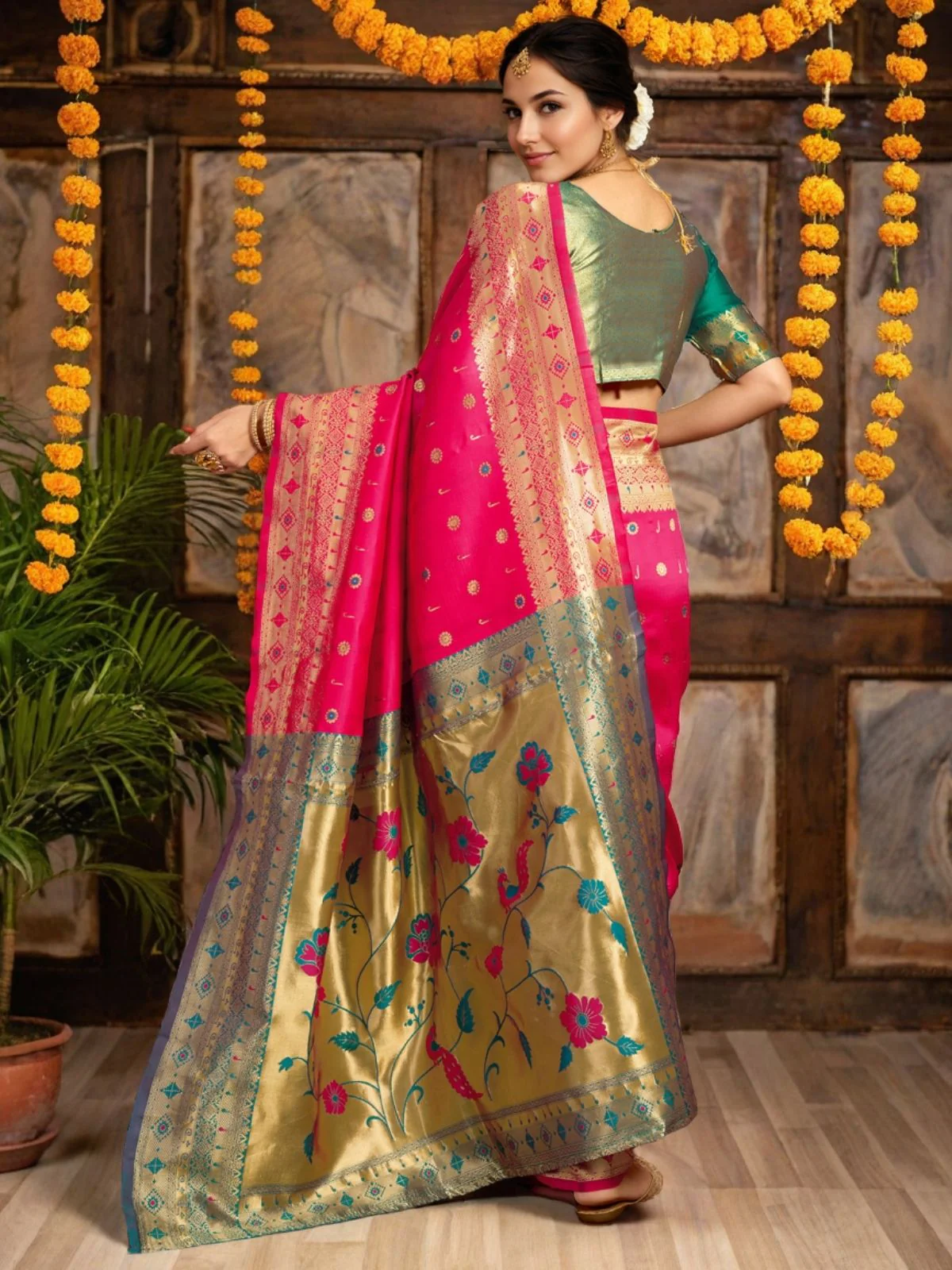 Odette Pink Silk Blend Woven Pithani Saree For Women - Image 4
