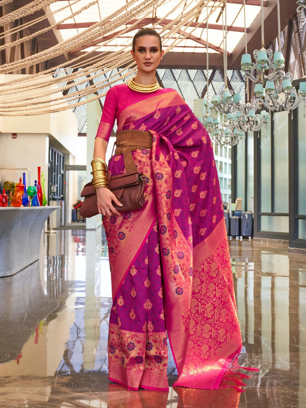 Odette Pink Silk Blend Woven Saree With Unstitched Blouse for Women