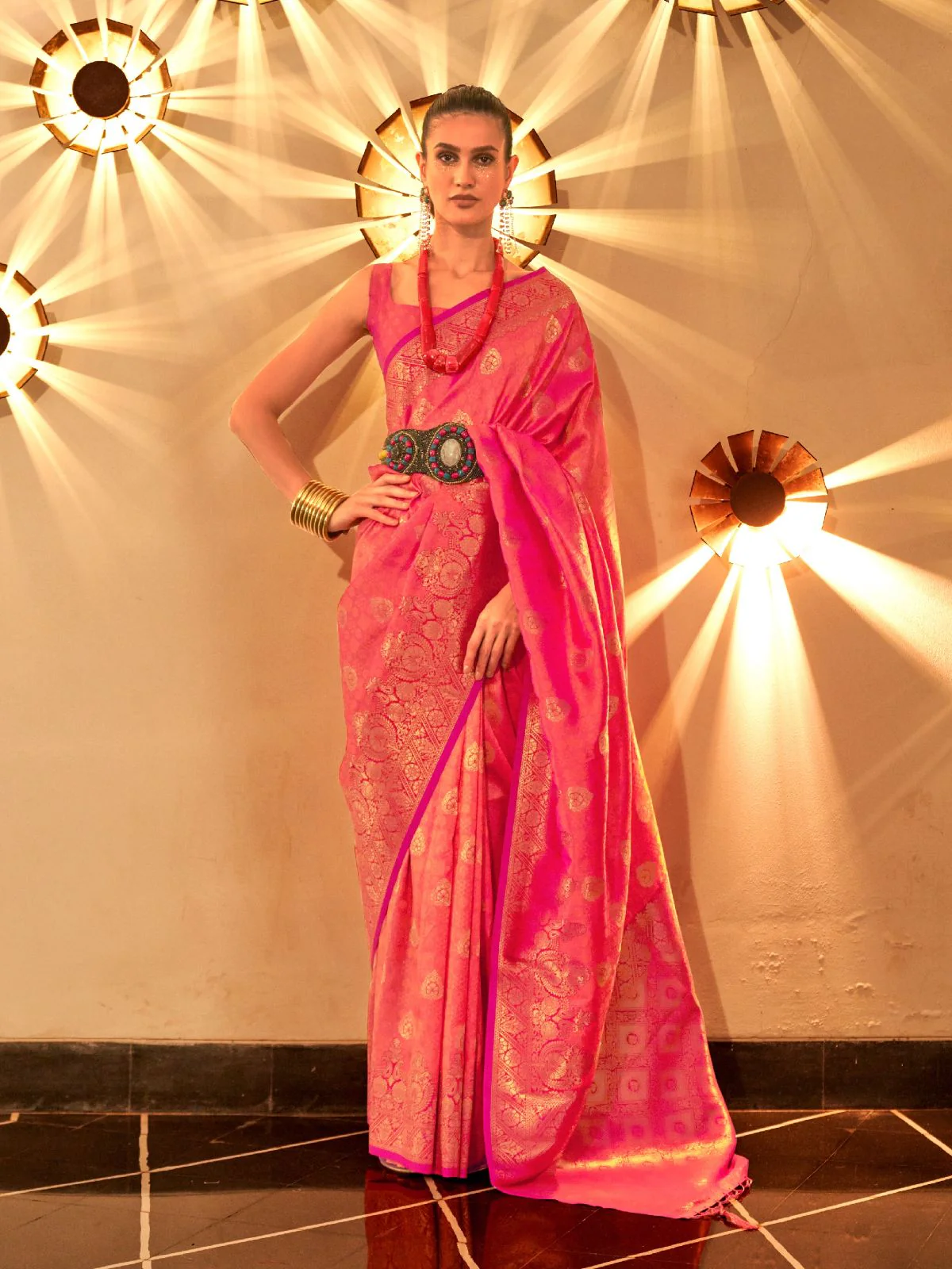 Odette Pink Silk Blend Woven Saree With Unstitched Blouse For Women