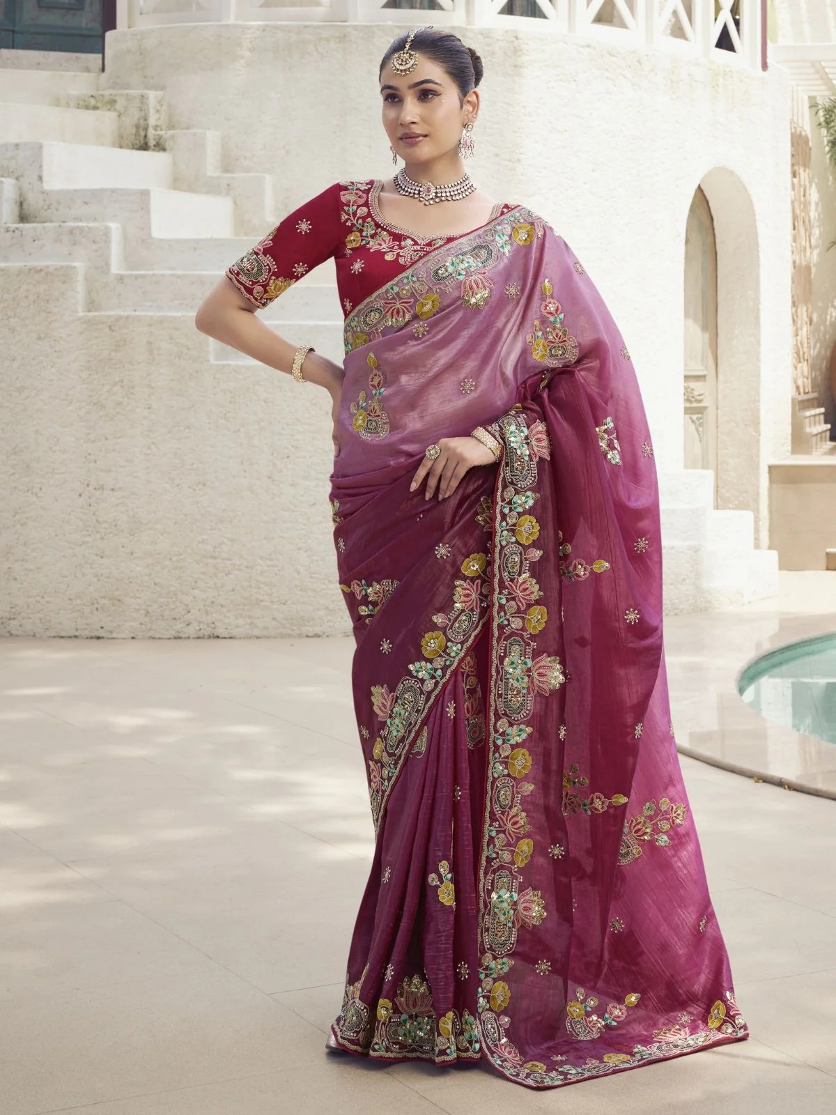 Odette Pink Silk Blend Embroidered Saree With Unstitched Blouse For Women