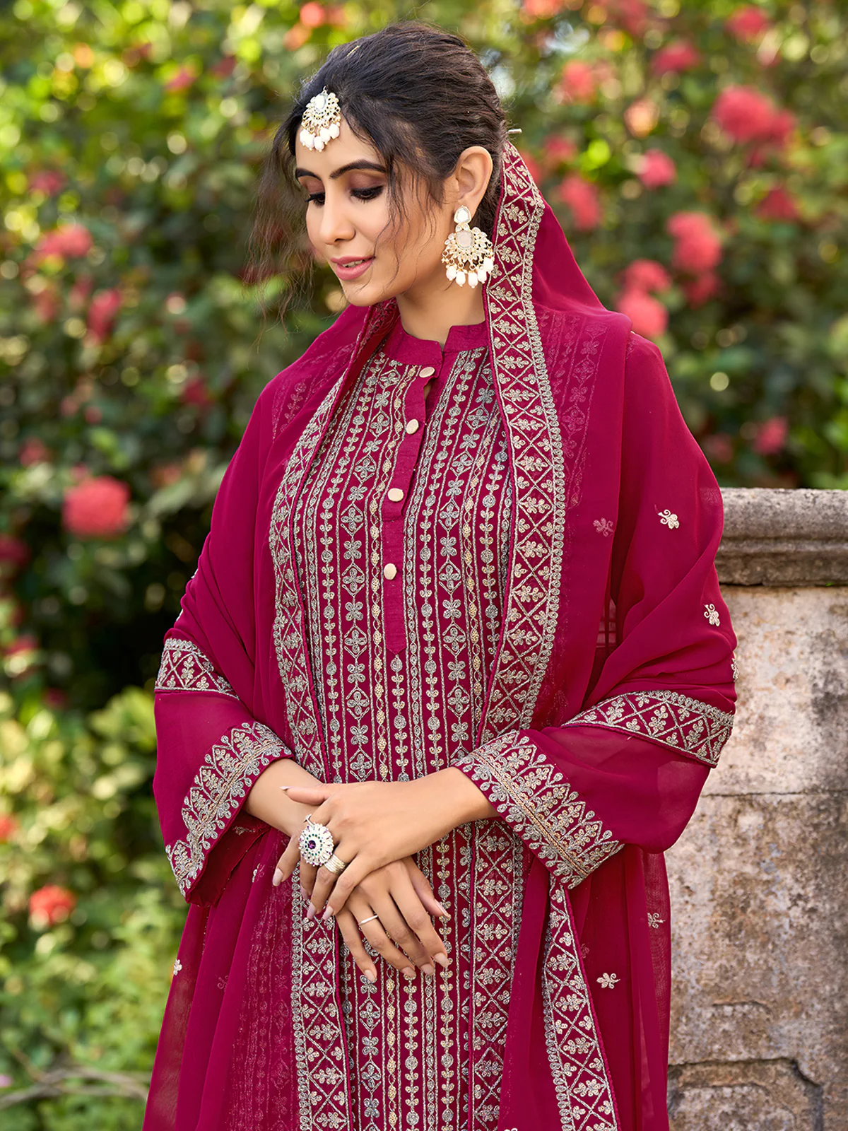 Odette Pink Silk Embroidered Semi stitched Kurta Set For Women - Image 4