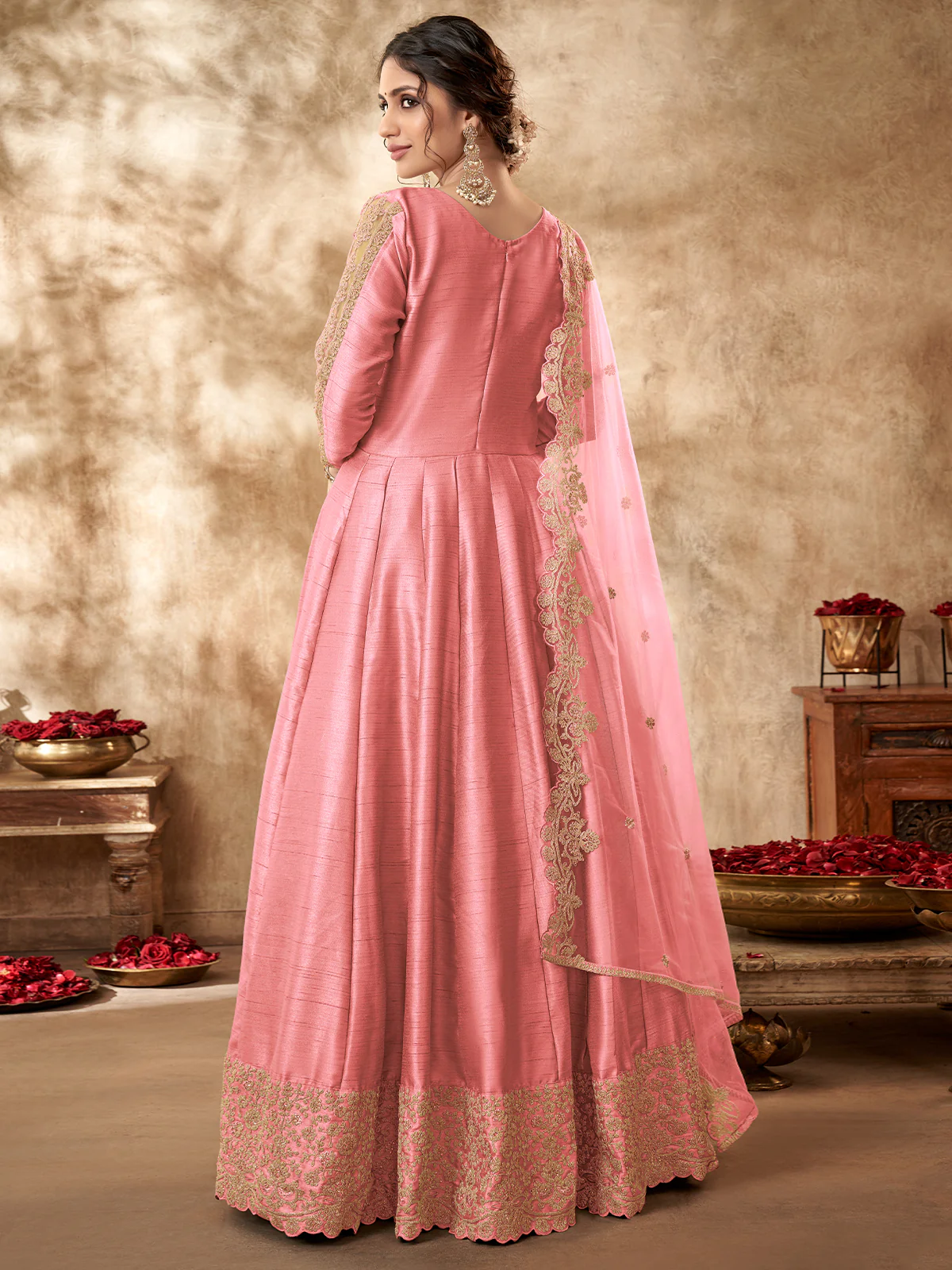 Odette Pink Silk Embroidered Semi stitched Kurta Set For Women - Image 3