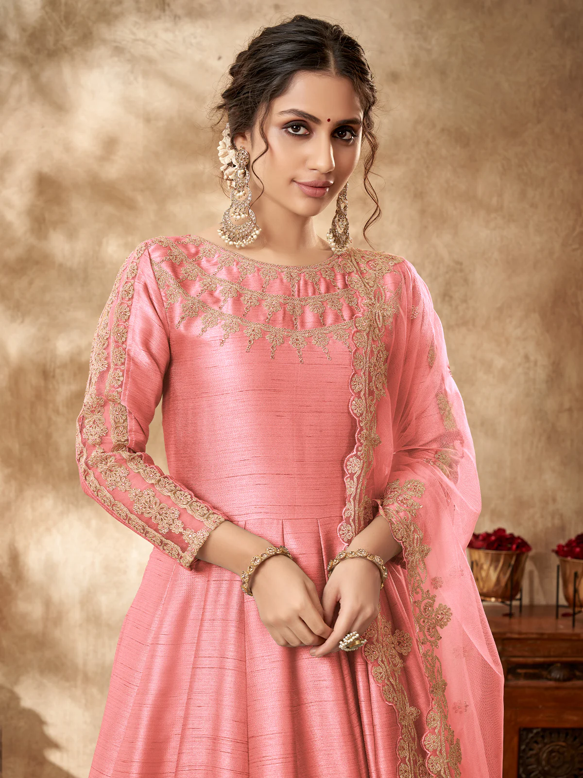 Odette Pink Silk Embroidered Semi stitched Kurta Set For Women - Image 4