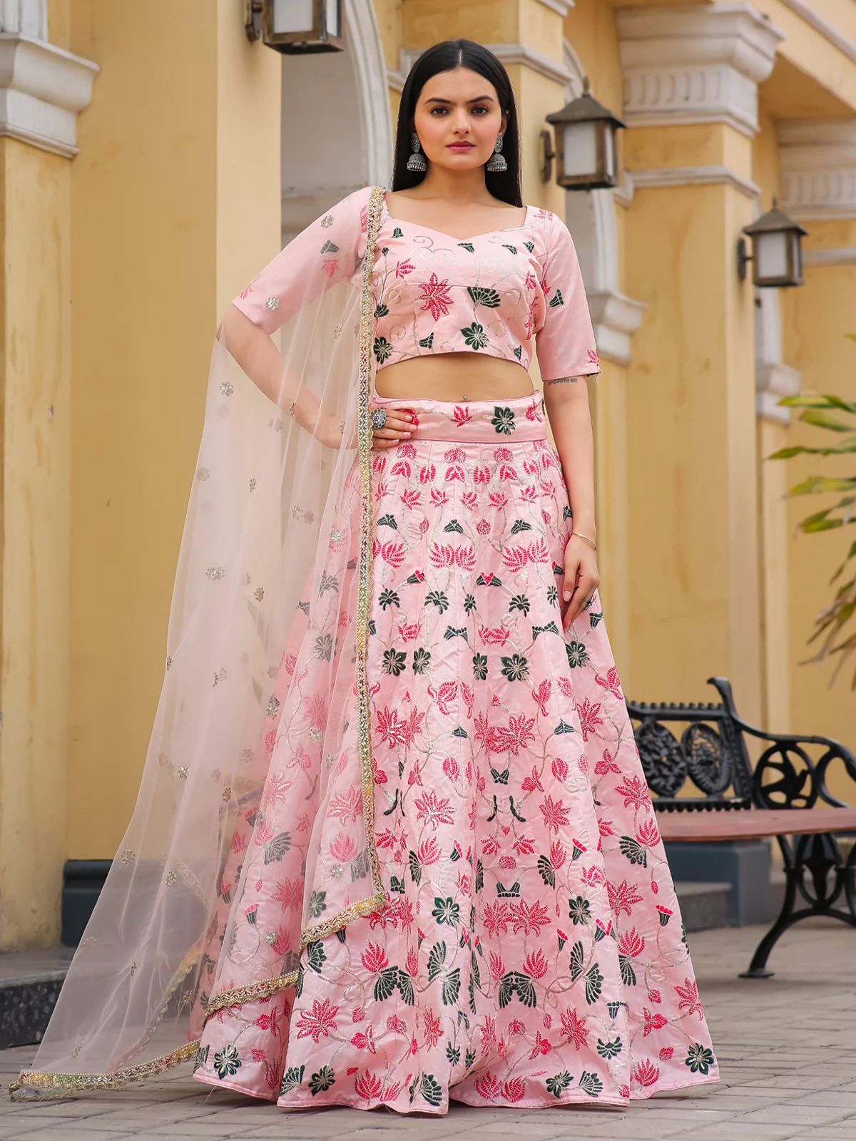 Odette Pink Silk Embroidered Semi Stitched Lehenga With Unstitched Blouse For Women