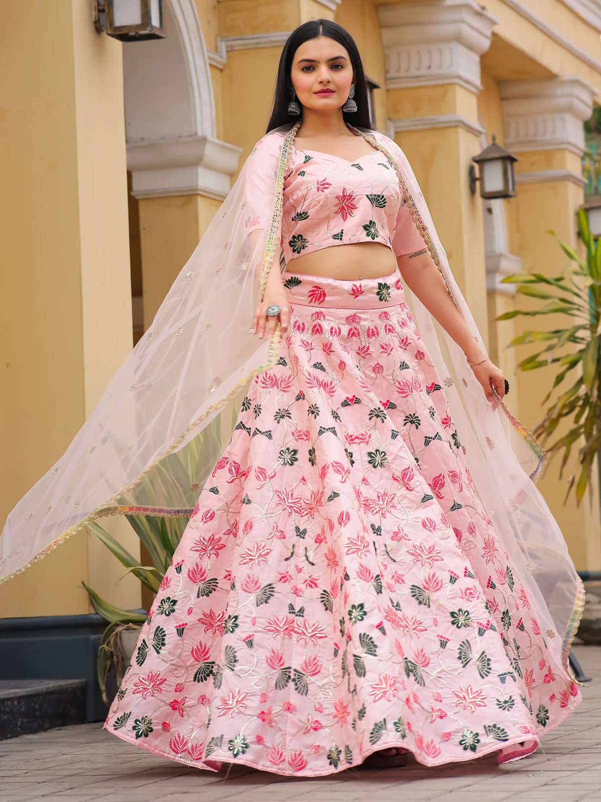 Odette Pink Silk Embroidered Semi Stitched Lehenga With Unstitched Blouse For Women - Image 2