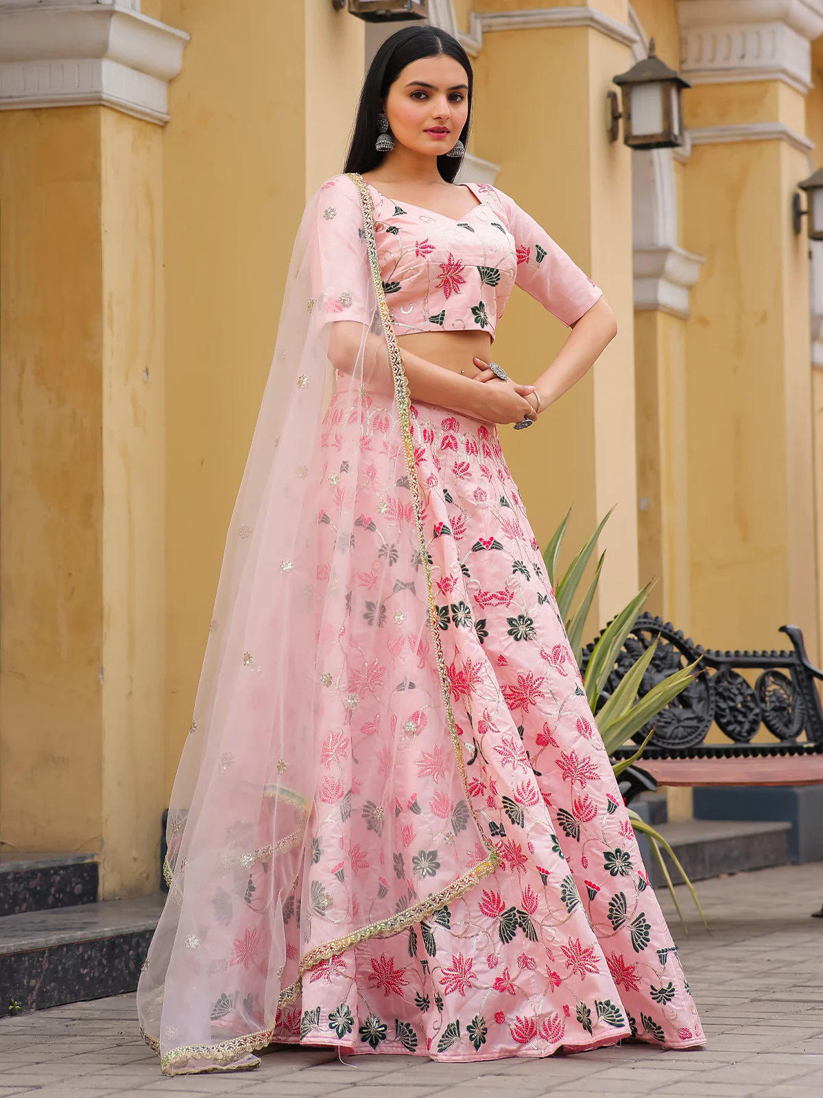 Odette Pink Silk Embroidered Semi Stitched Lehenga With Unstitched Blouse For Women - Image 3