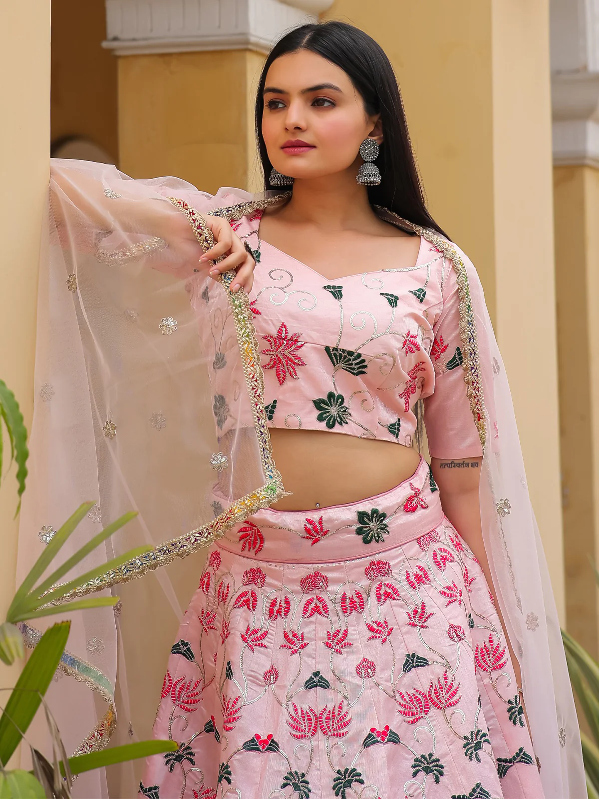 Odette Pink Silk Embroidered Semi Stitched Lehenga With Unstitched Blouse For Women - Image 7