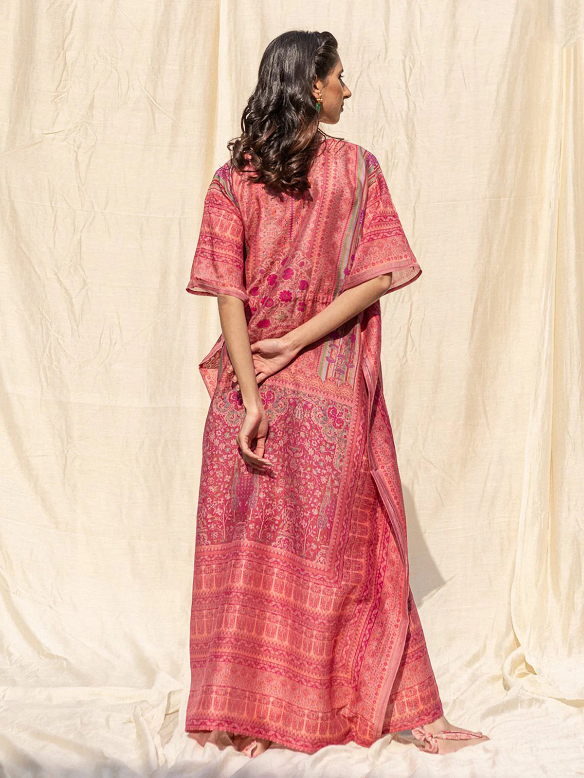 Odette Pink Silk Printed Stitched Indo Western Kaftan For Women - Image 3