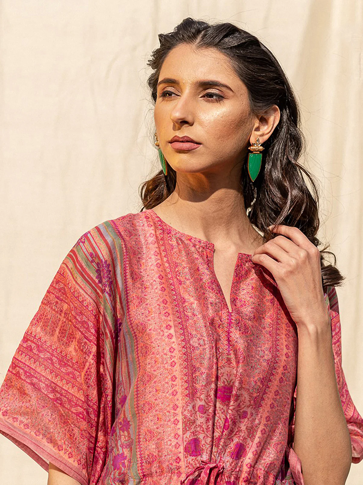 Odette Pink Silk Printed Stitched Indo Western Kaftan For Women - Image 4