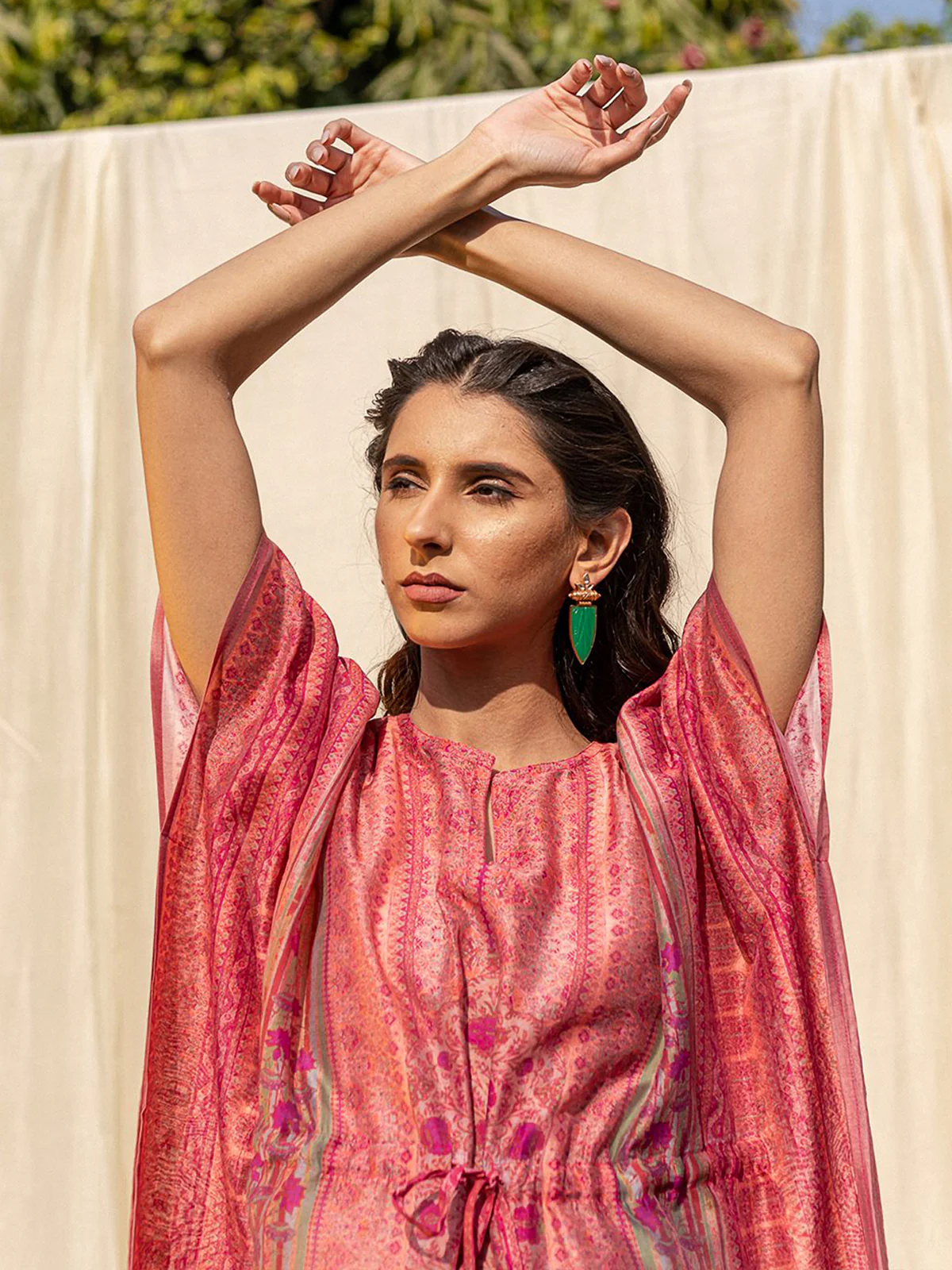 Odette Pink Silk Printed Stitched Indo Western Kaftan For Women - Image 5