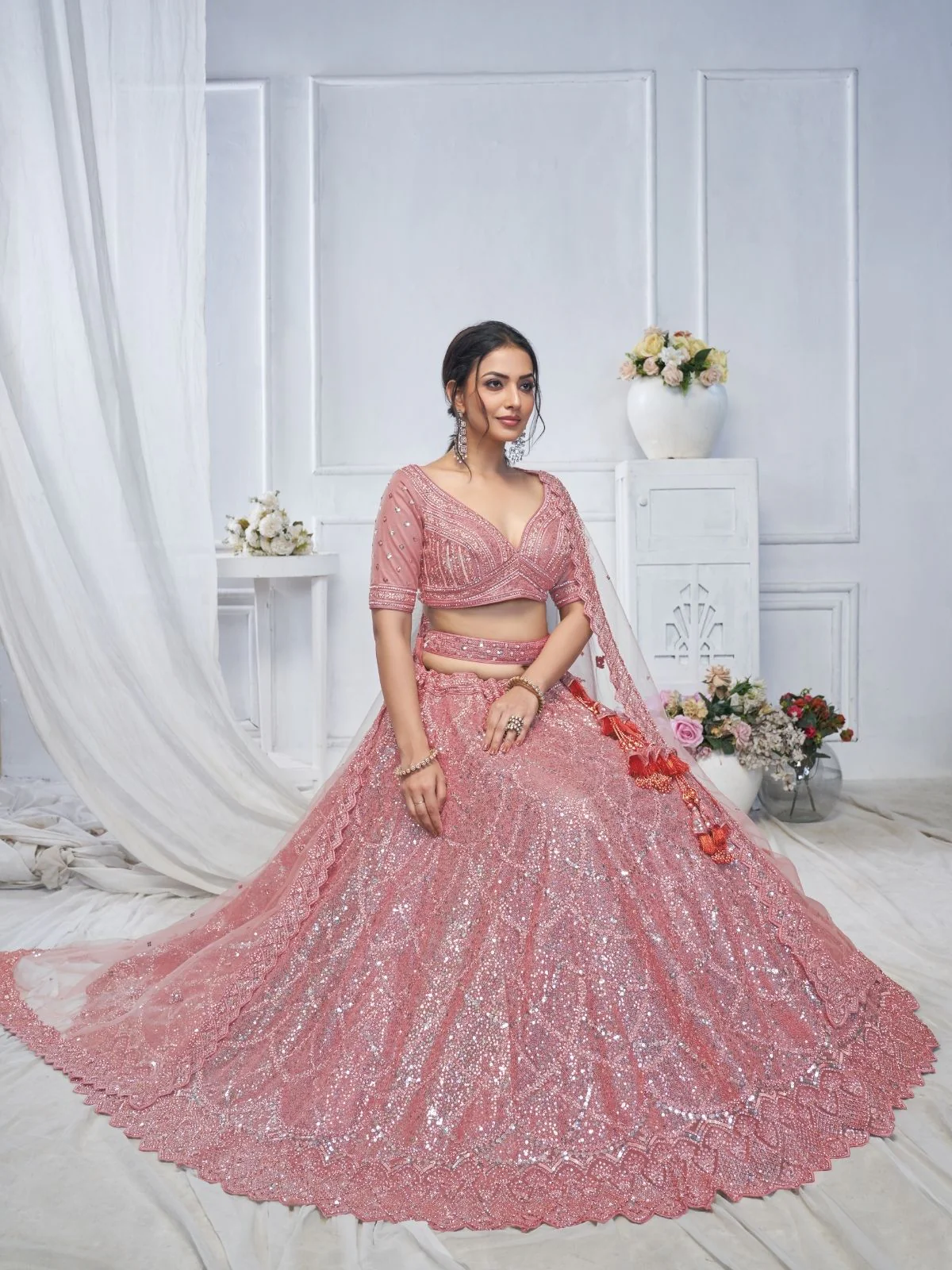 Odette Pink Soft Net Embellished Semi-Stitched Lehenga With Unstitched Blouse For Women - Image 2
