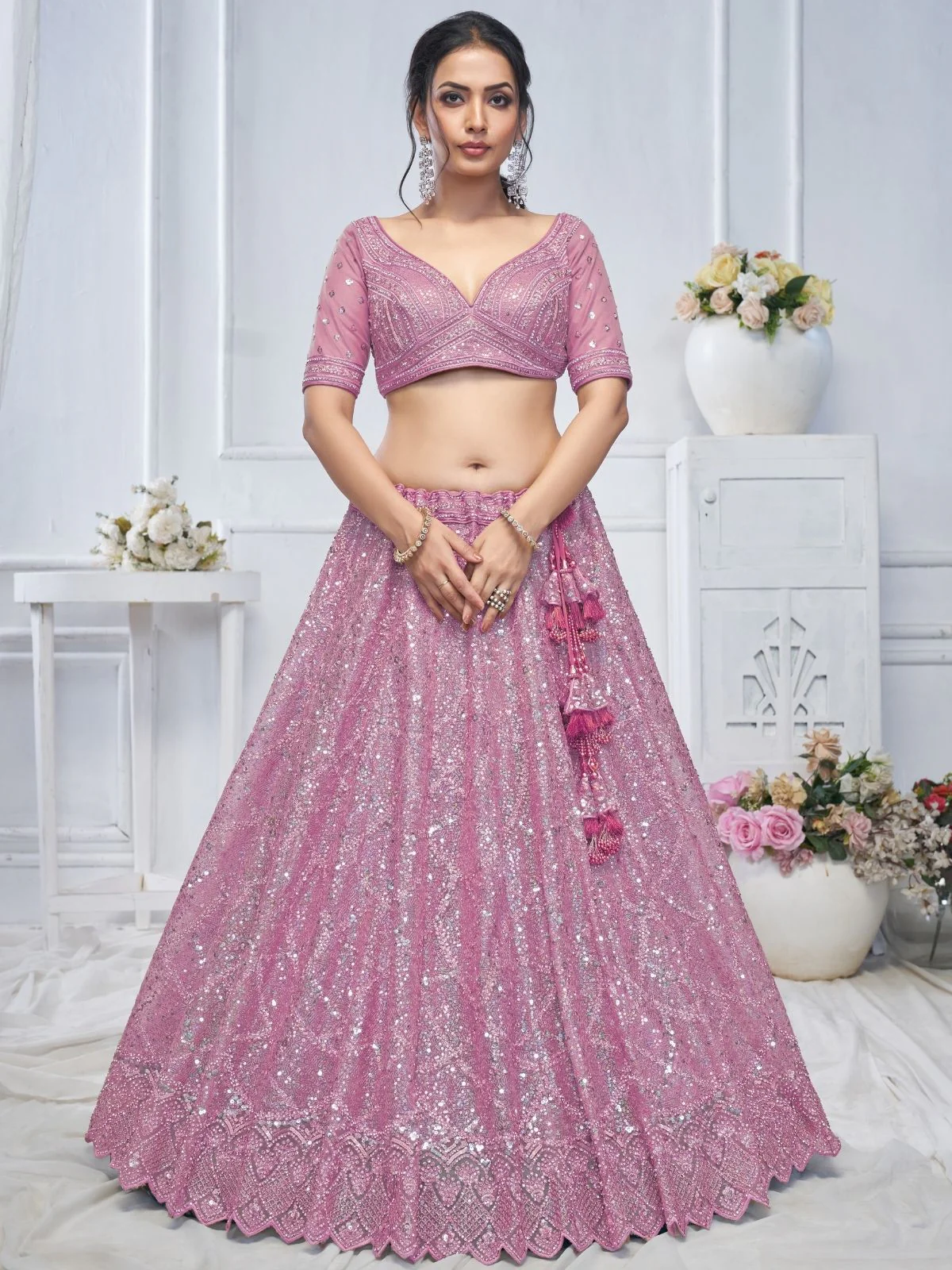 Odette Pink Soft Net Embellished Semi-Stitched Lehenga With Unstitched Blouse For Women - Image 2
