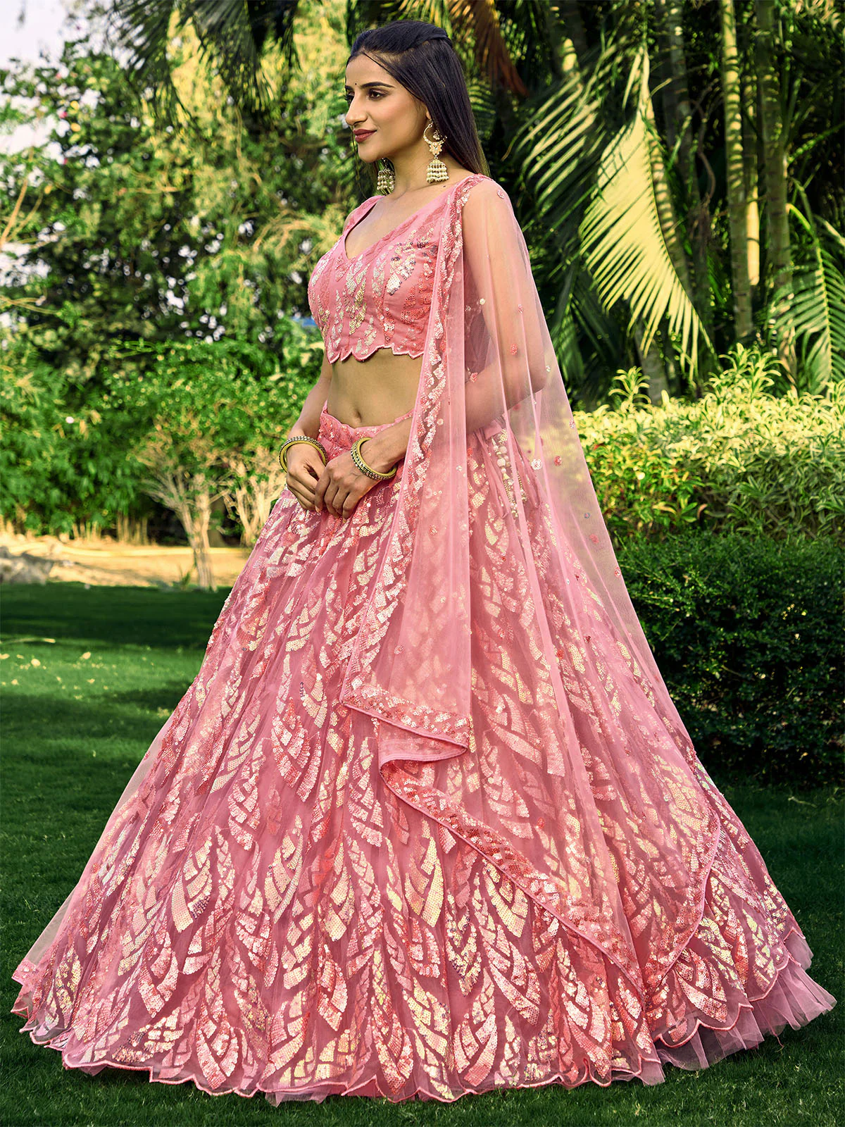 Odette Pink Soft Net Embellished Semi Stitched Lehenga With Unstitched Blouse For Women - Image 2