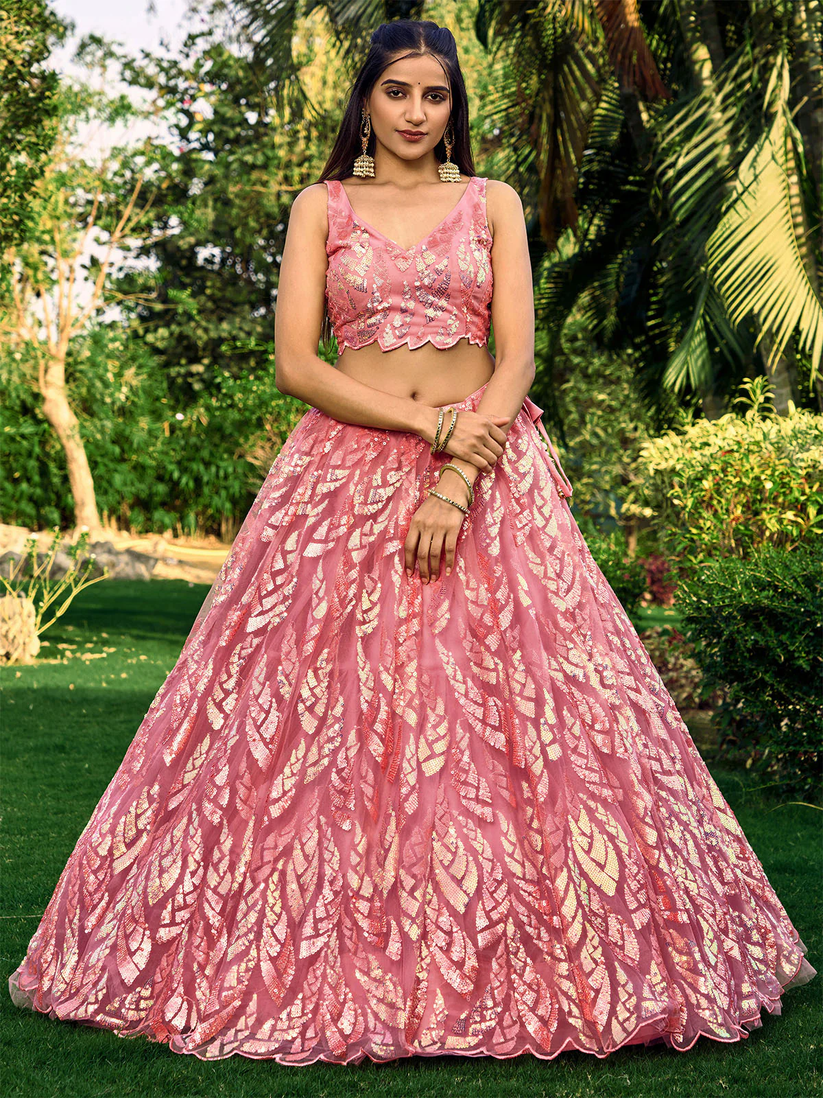 Odette Pink Soft Net Embellished Semi Stitched Lehenga With Unstitched Blouse For Women - Image 3