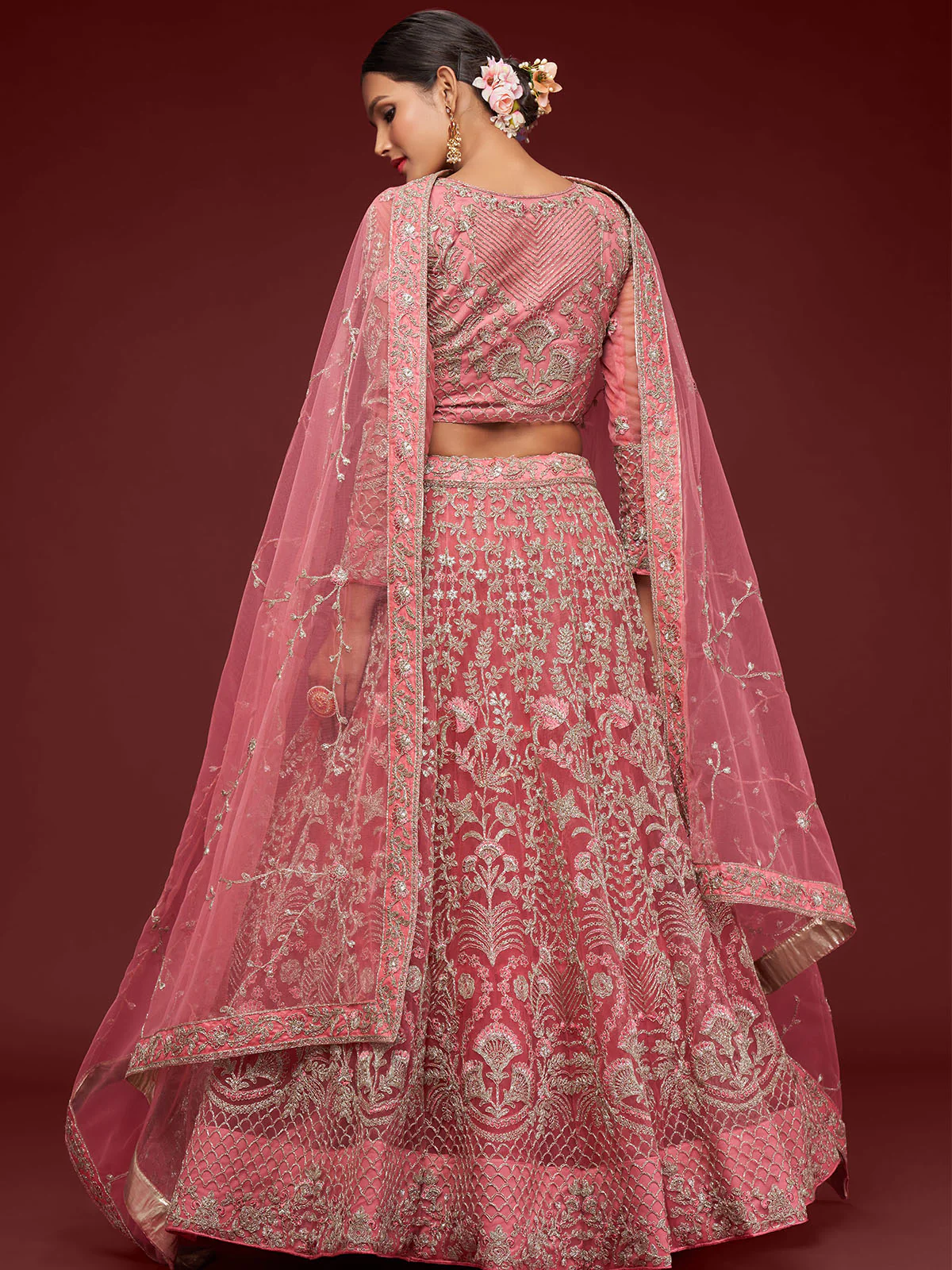 Odette Pink Soft Net Embellished Semi Stitched Lehenga With Unstitched Blouse For Women - Image 3