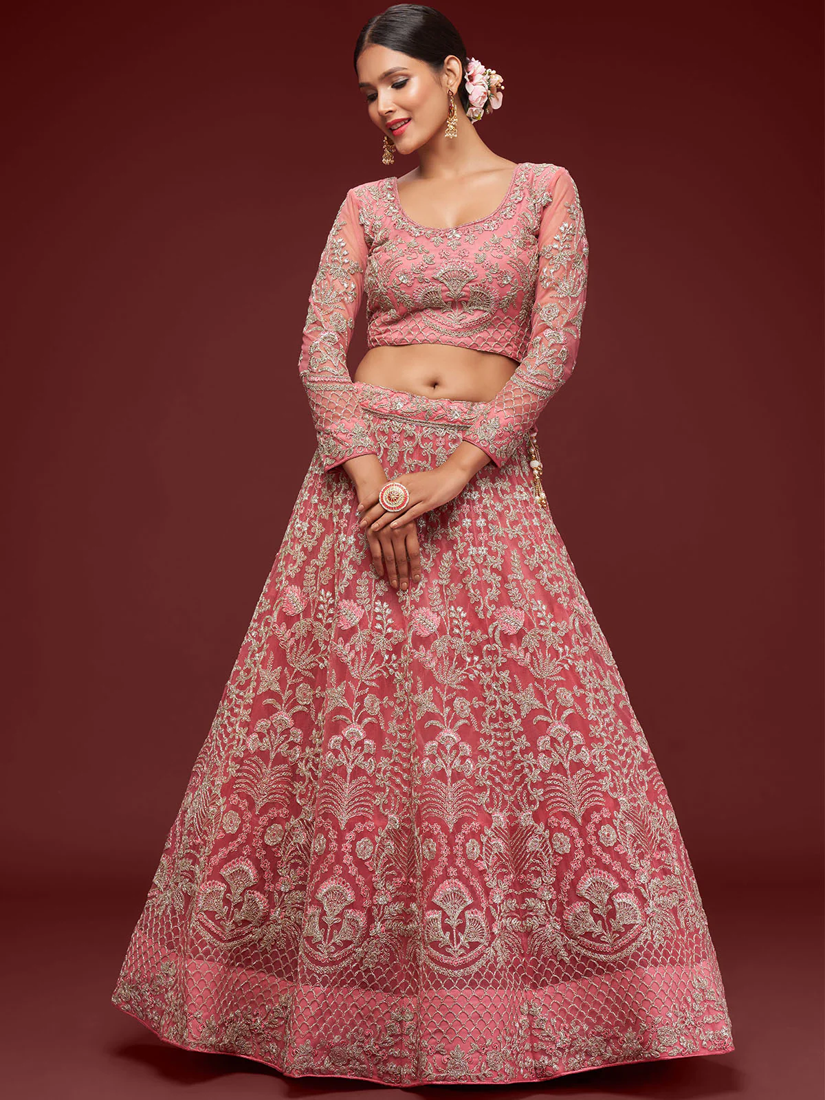Odette Pink Soft Net Embellished Semi Stitched Lehenga With Unstitched Blouse For Women - Image 4