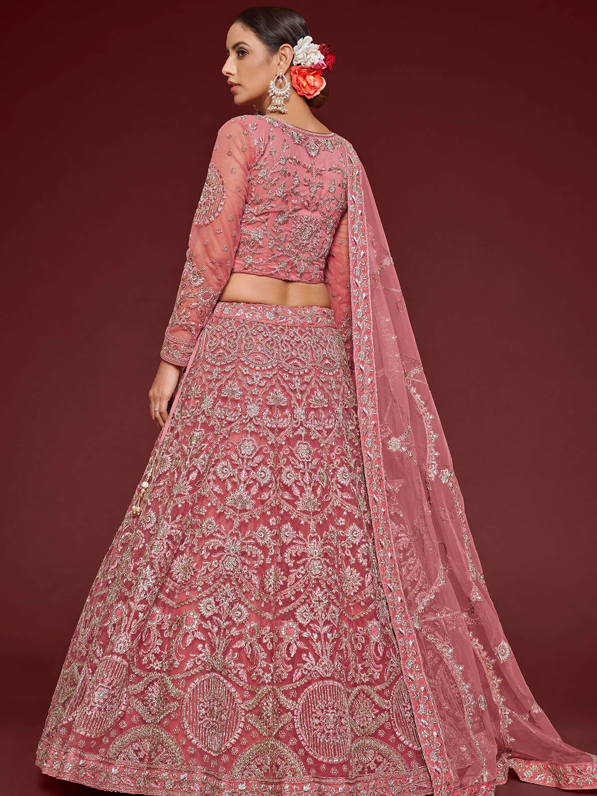 Odette Pink Soft Net Embellished Semi Stitched Lehenga With Unstitched Blouse For Women - Image 2